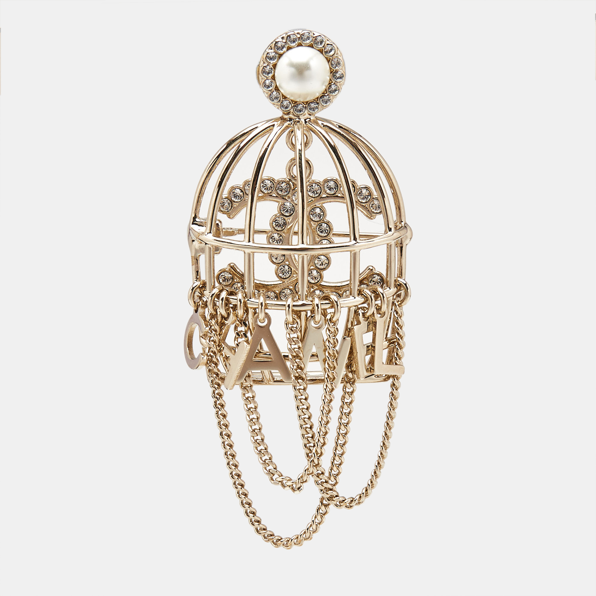 

Chanel Cage CC Crystal Faux Pearl Gold Tone Brooch