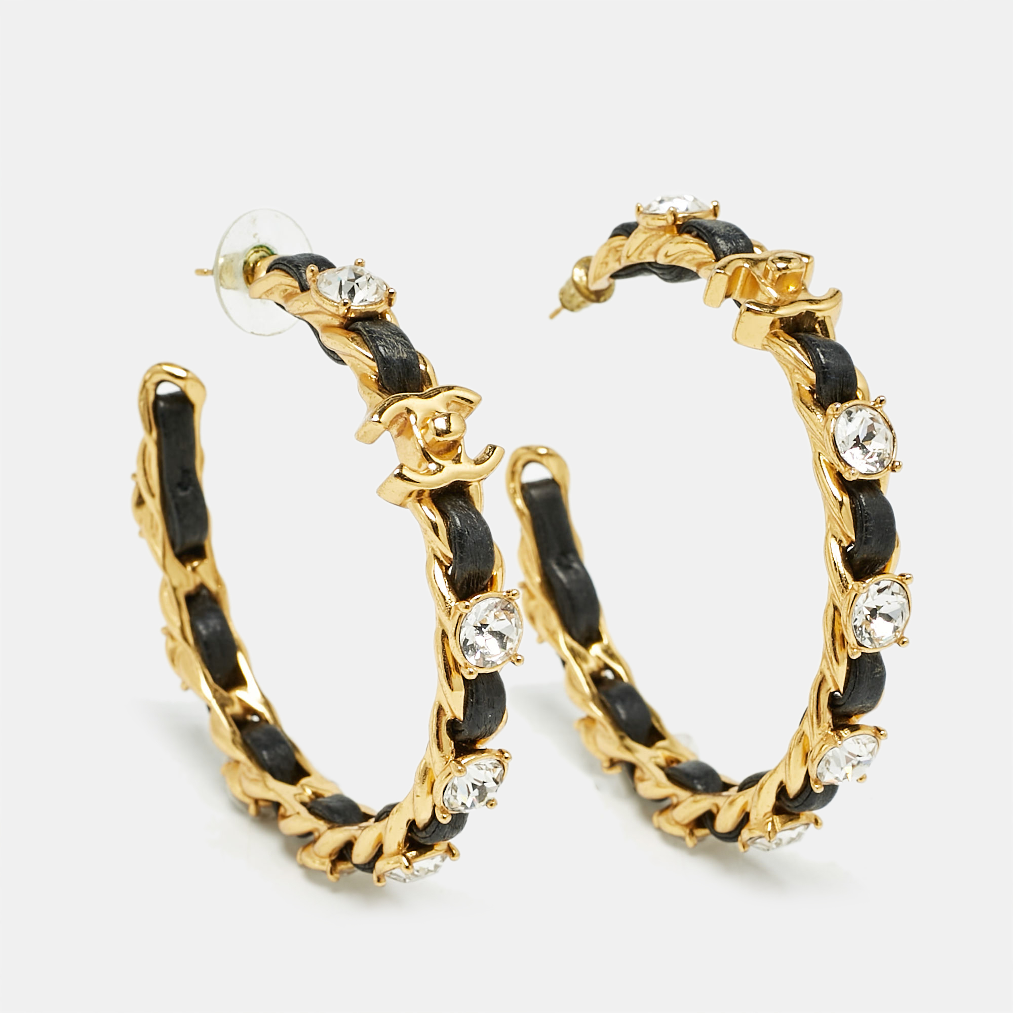 

Chanel CC Leather Crystals Gold Tone Hoop Earrings
