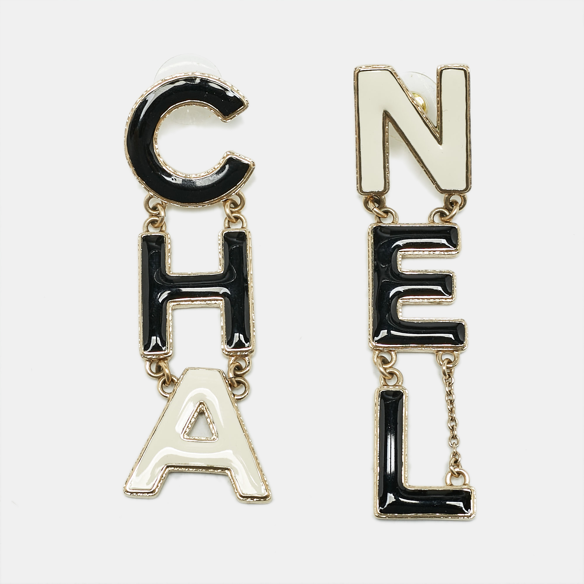 

Chanel 'CHA-NEL' Enamel Gold Tone Drop Earrings