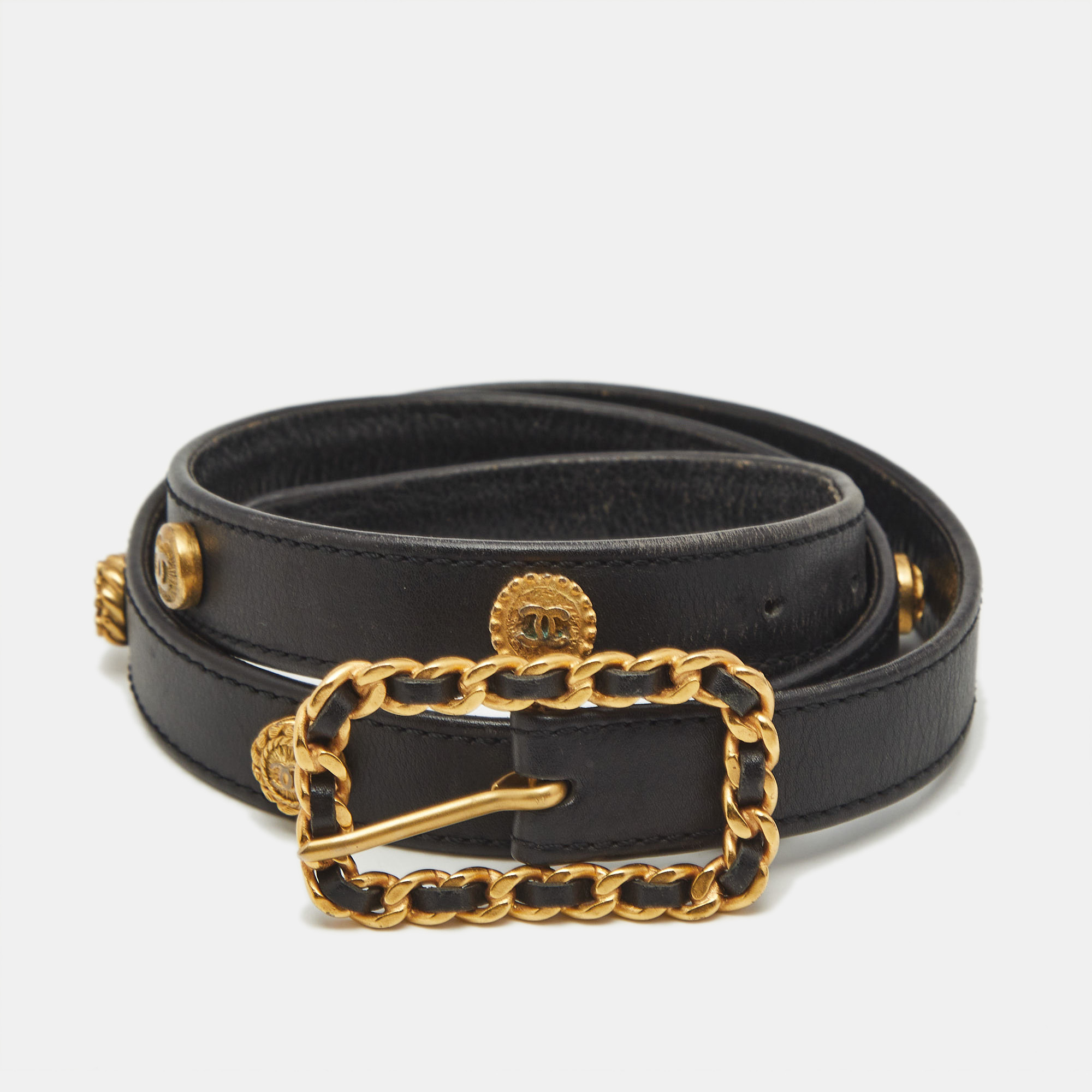 

Chanel Black Leather Chain Buckle Belt Size