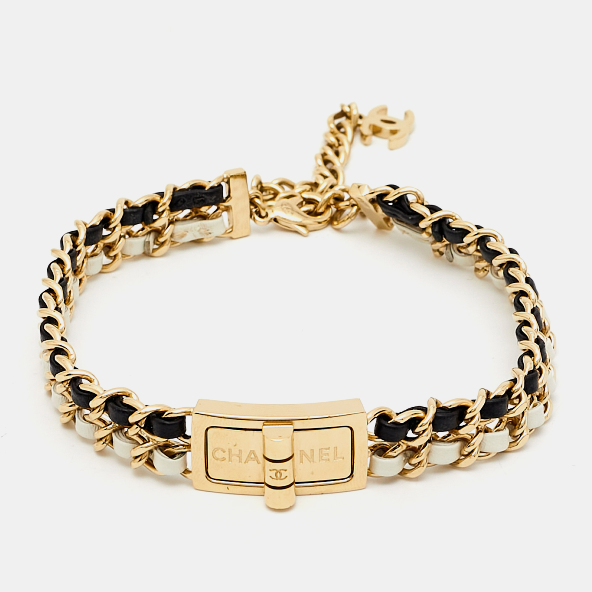 Pre-owned Chanel Cc Leather Gold Tone Choker Necklace