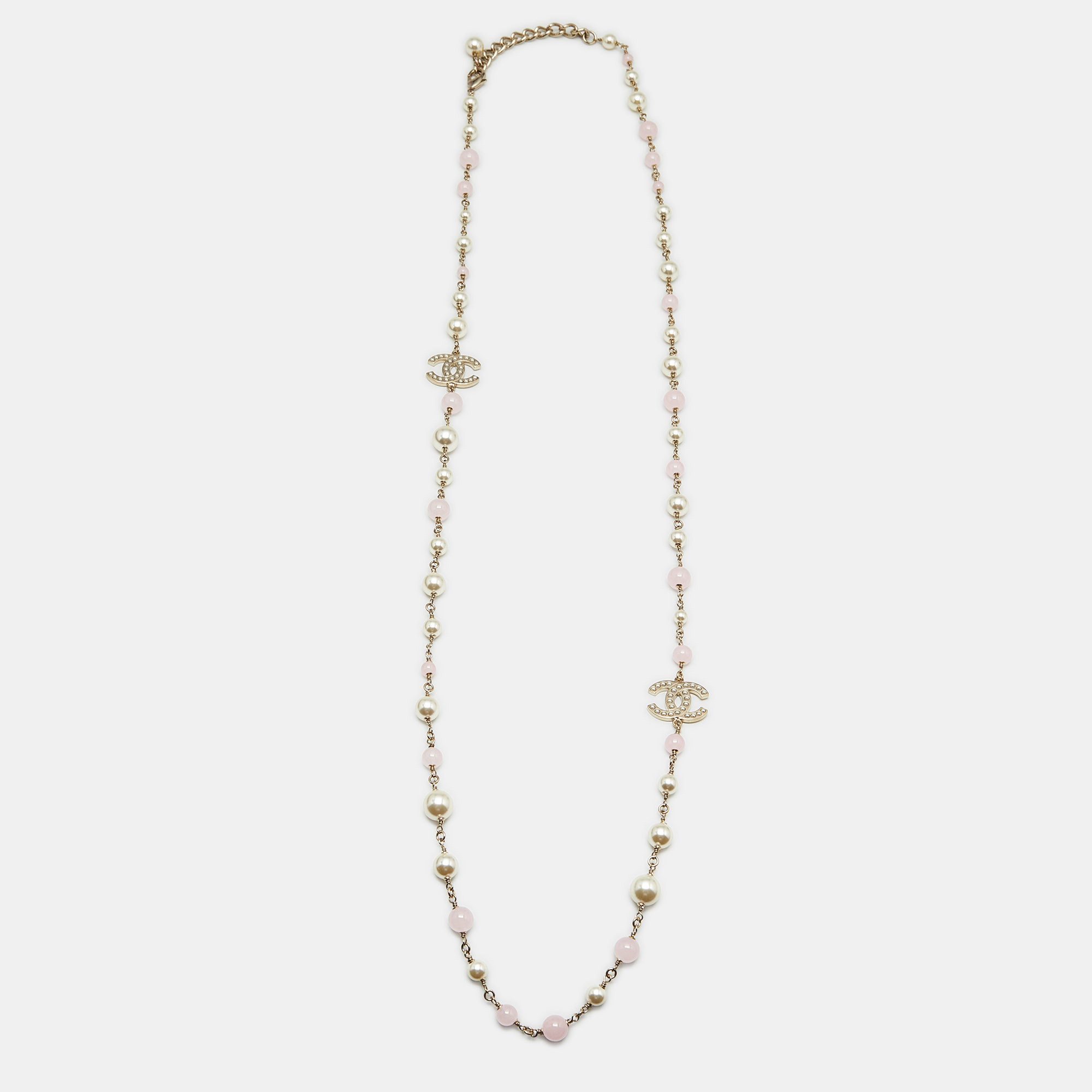 

Chanel CC Faux Pearl Beads Gold Tone Long Necklace