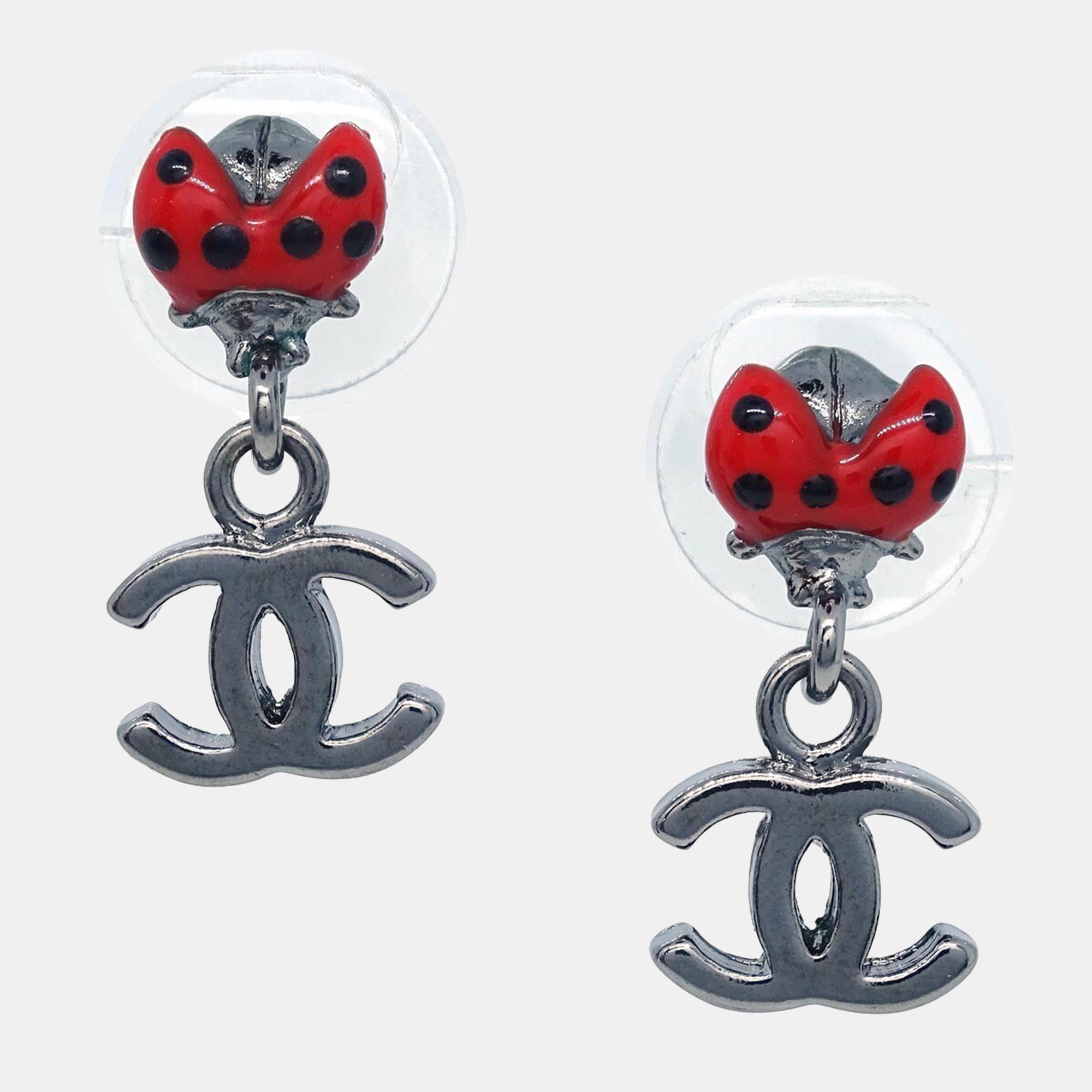 

Chanel CC Silver Dangle Piercing Earrings, Red