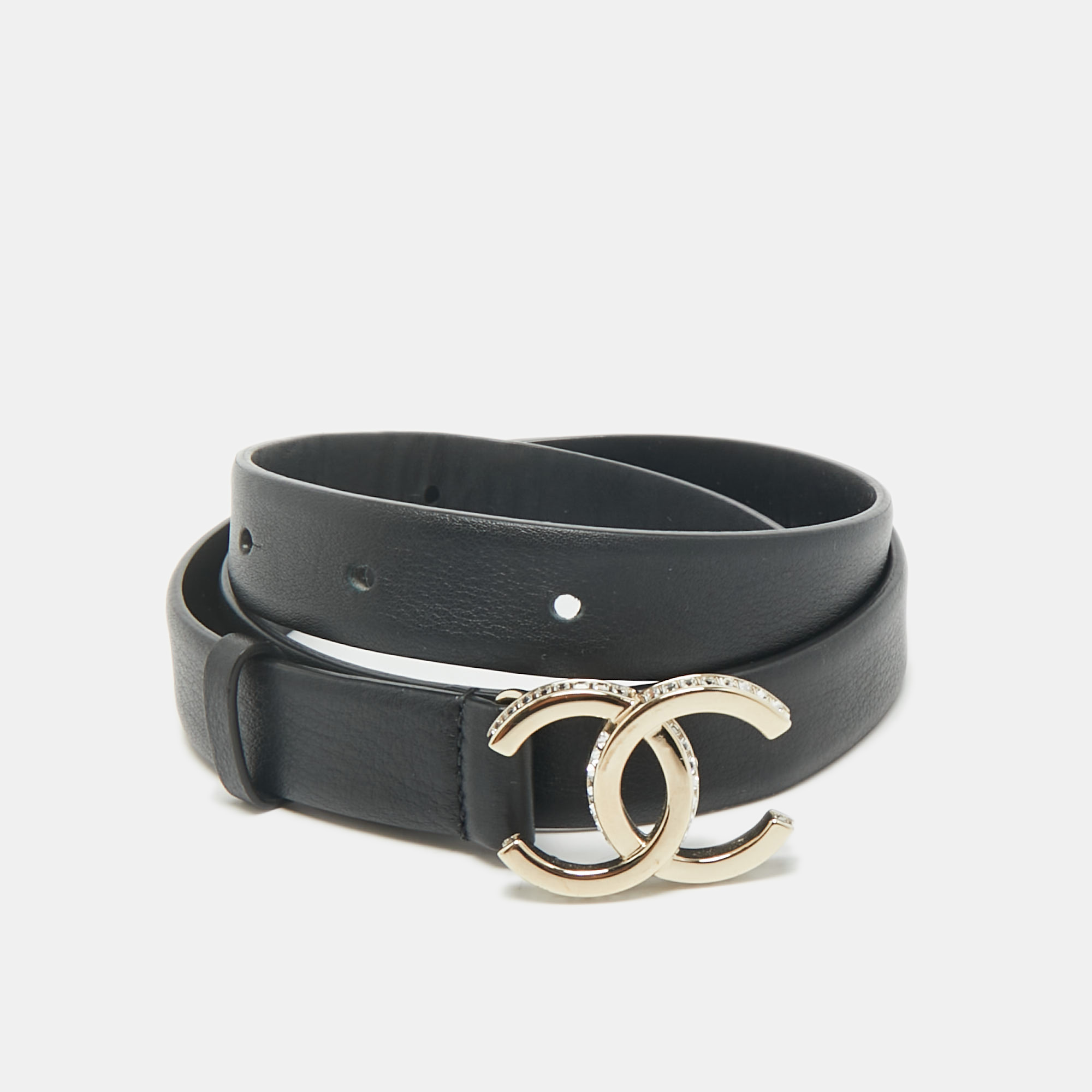 

Chanel Black Leather CC Crystals Buckle Slim Belt 75CM