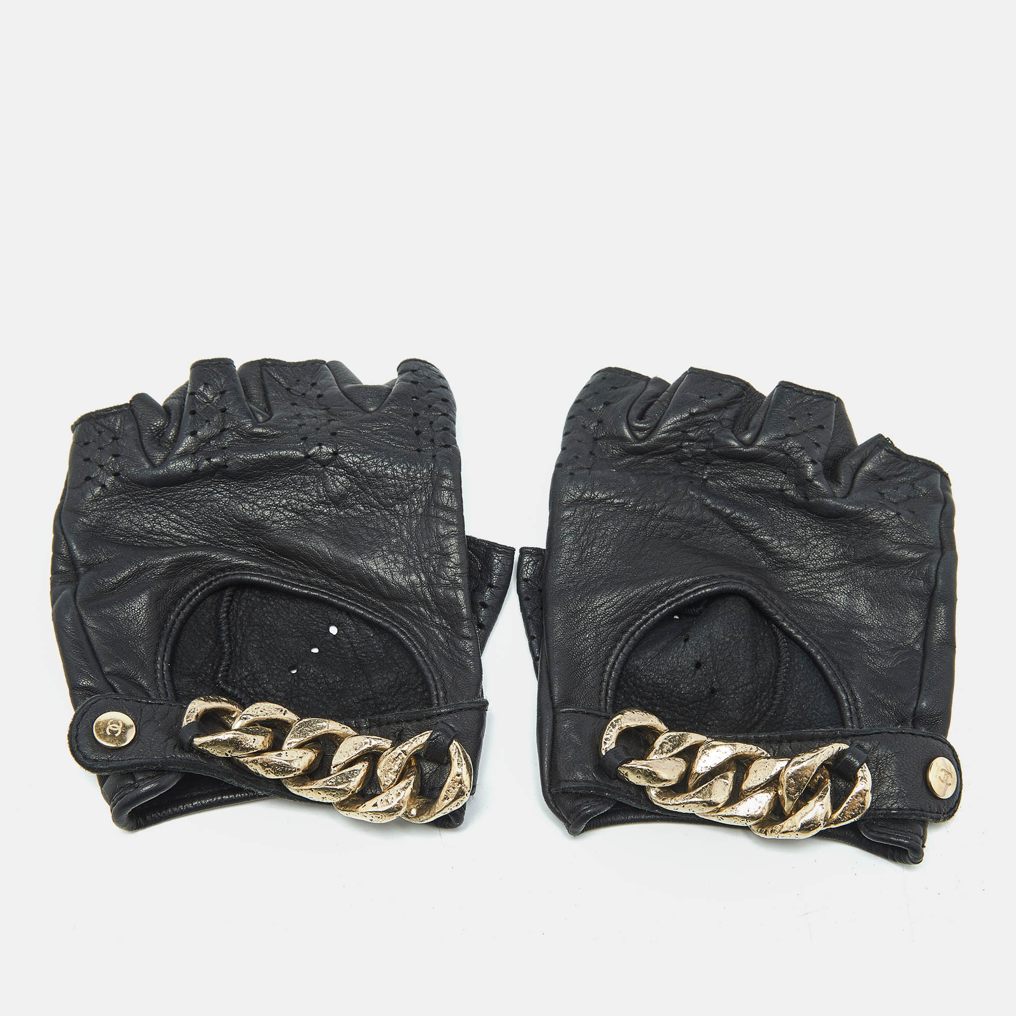 

Chanel Black Perforated Leather Chain Link Fingerless Gloves
