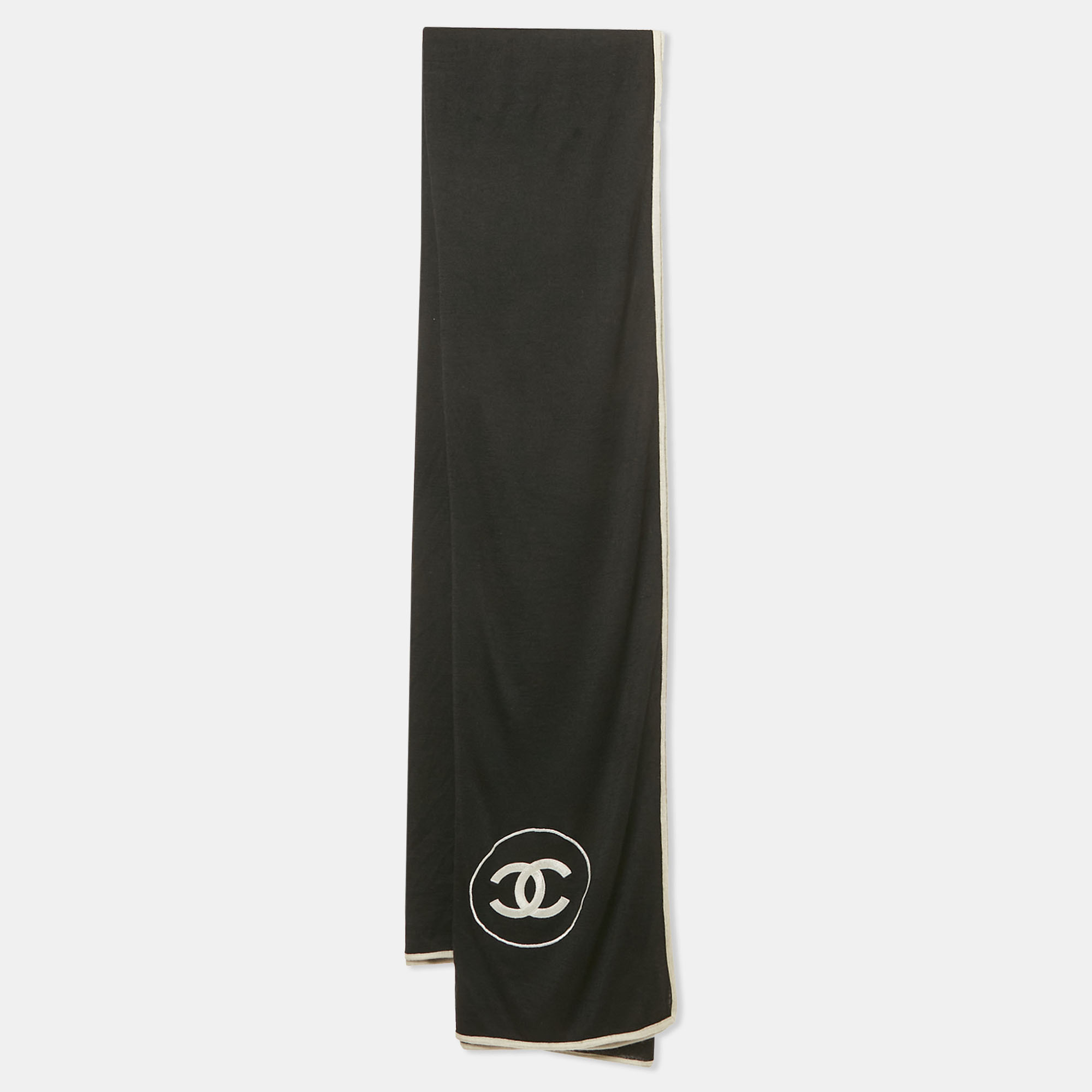 

Chanel Black CC Embroidered Cashmere Blend Knit Scarf