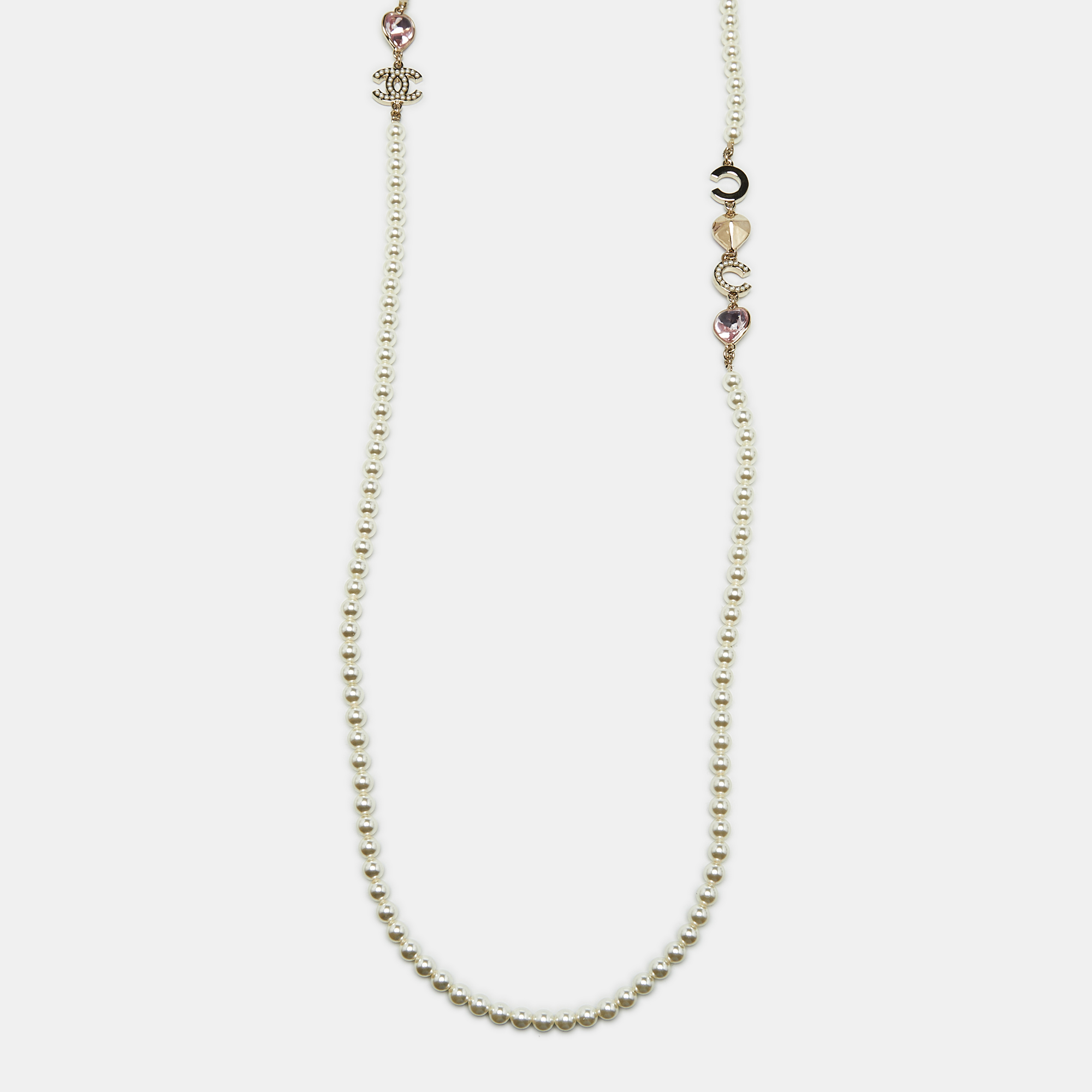 

Chanel Crystal CC Coco Heart Crystals Faux Pearl Gold Tone Long Necklace