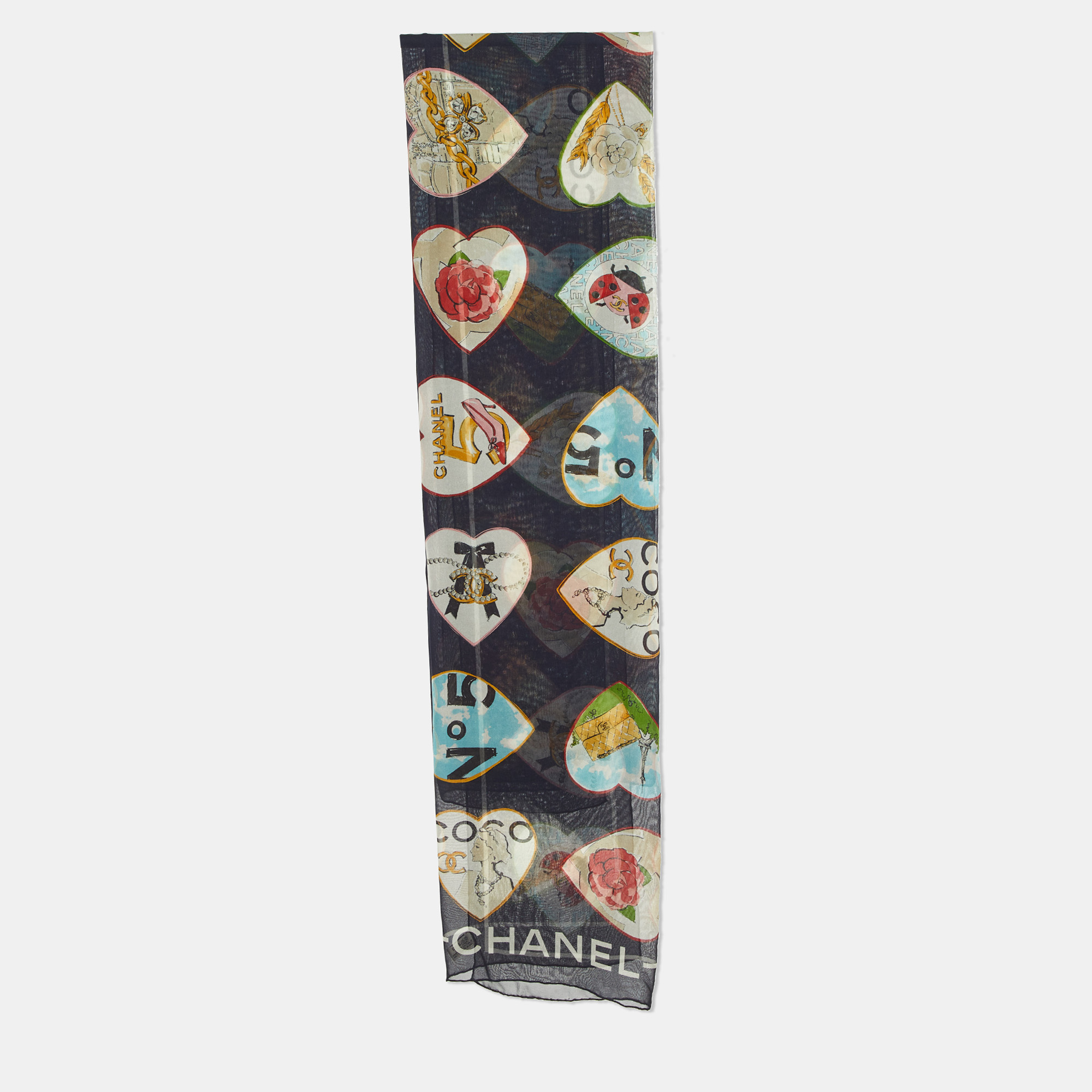

Chanel Vintage Black CC Hearts Print Silk Chiffon Stole