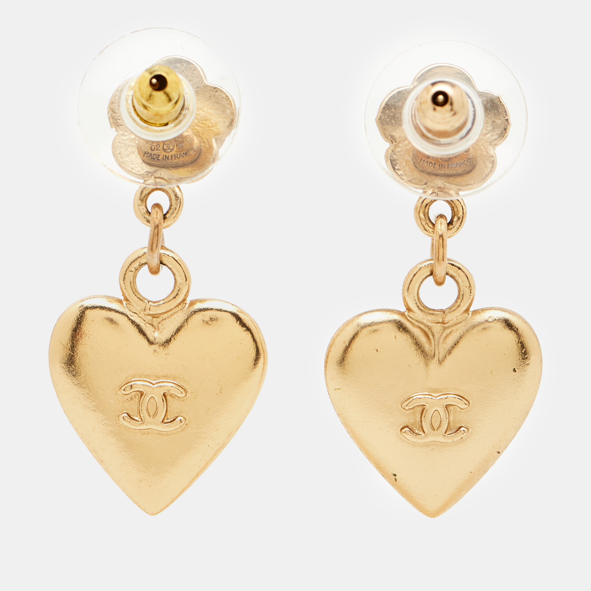 

Chanel CC Flower Heart Gold Tone Dangle Earrings