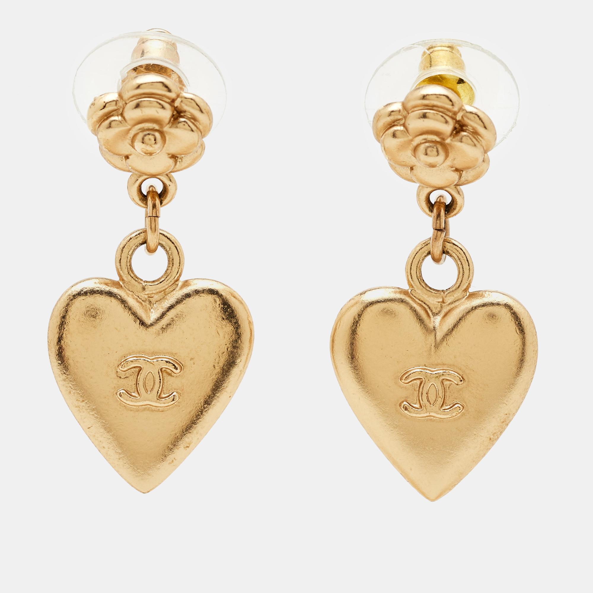 

Chanel CC Flower Heart Gold Tone Dangle Earrings