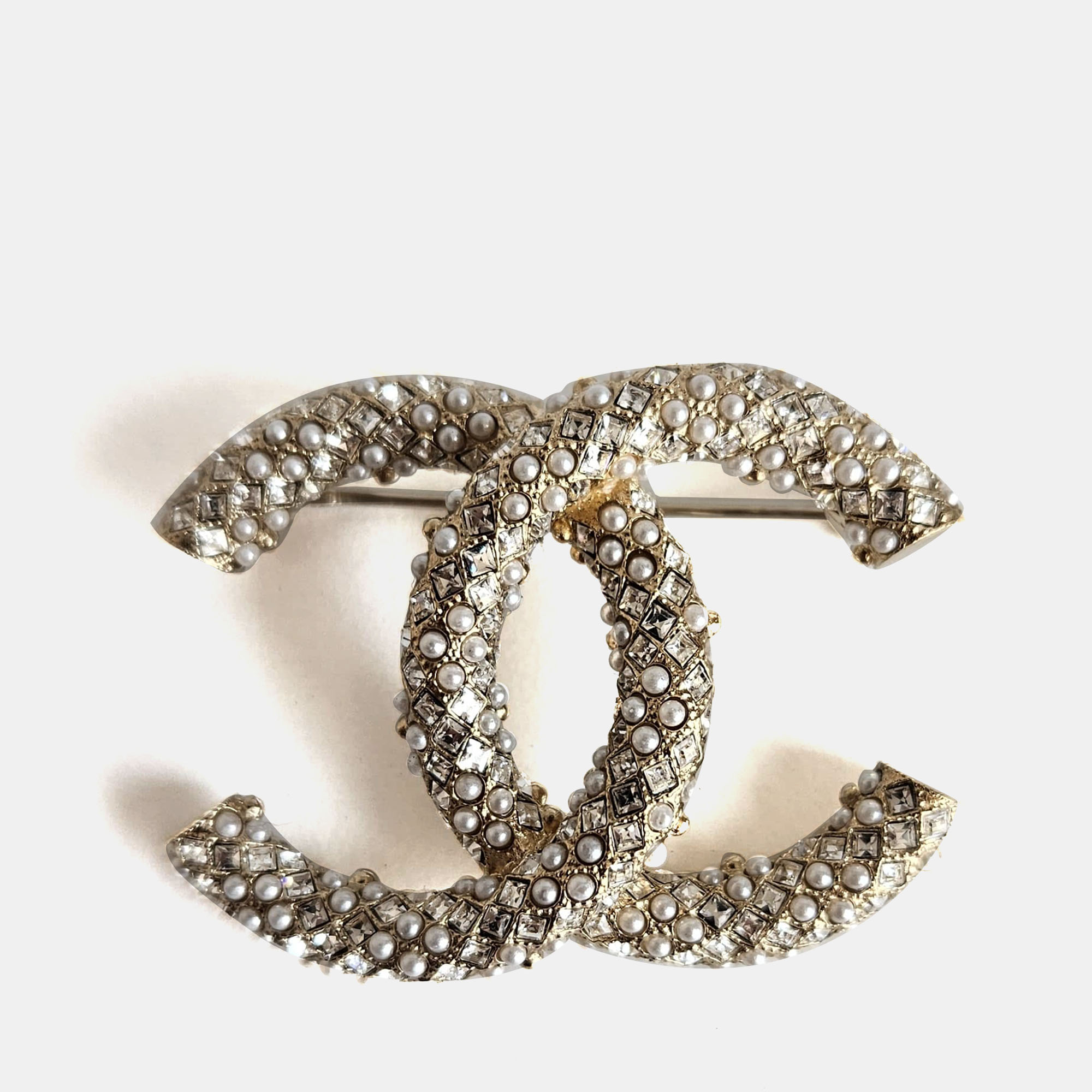 

Chanel Gold Tone CC Crystal/Pearl Embellished Brooch