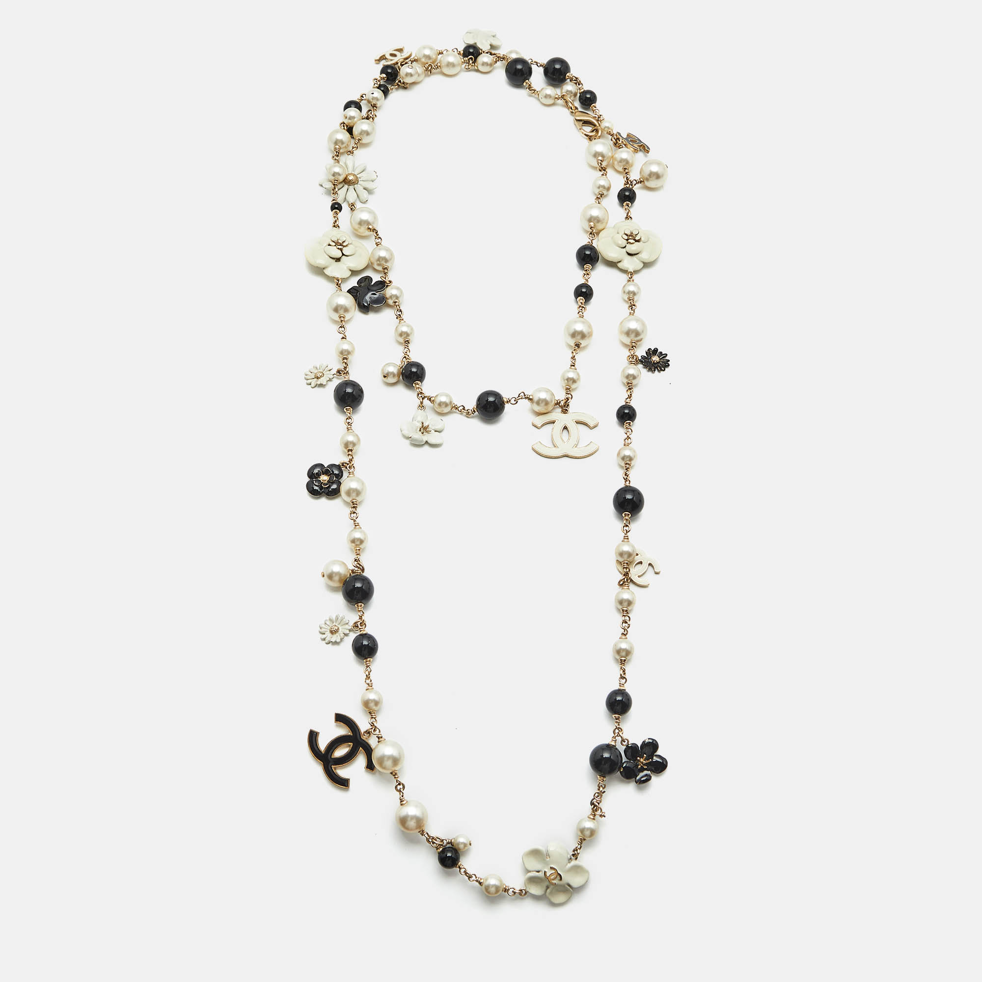

Chanel CC Camelia Faux Pearl Beads Enamel Gold Tone Metal Long Necklace