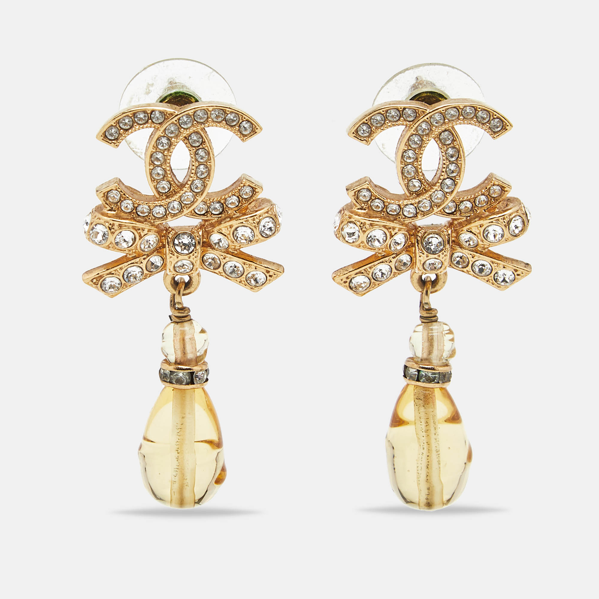 Pre-owned Chanel Cc Bow Crystals Beads Gold Tone Earrings