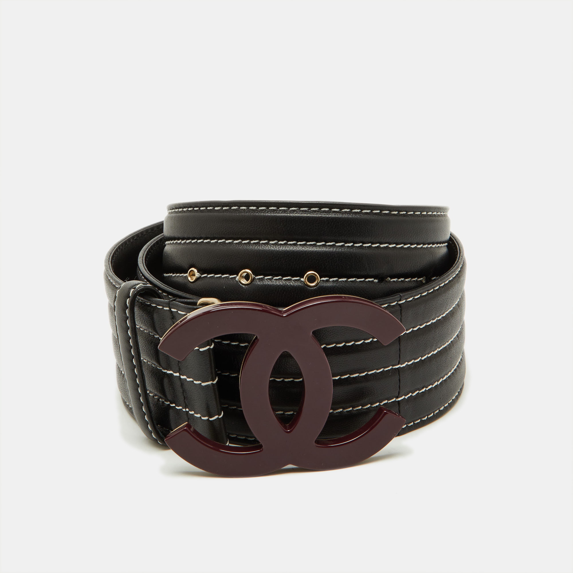 

Chanel Black Leather CC Wide Buckle Waist Belt 90CM