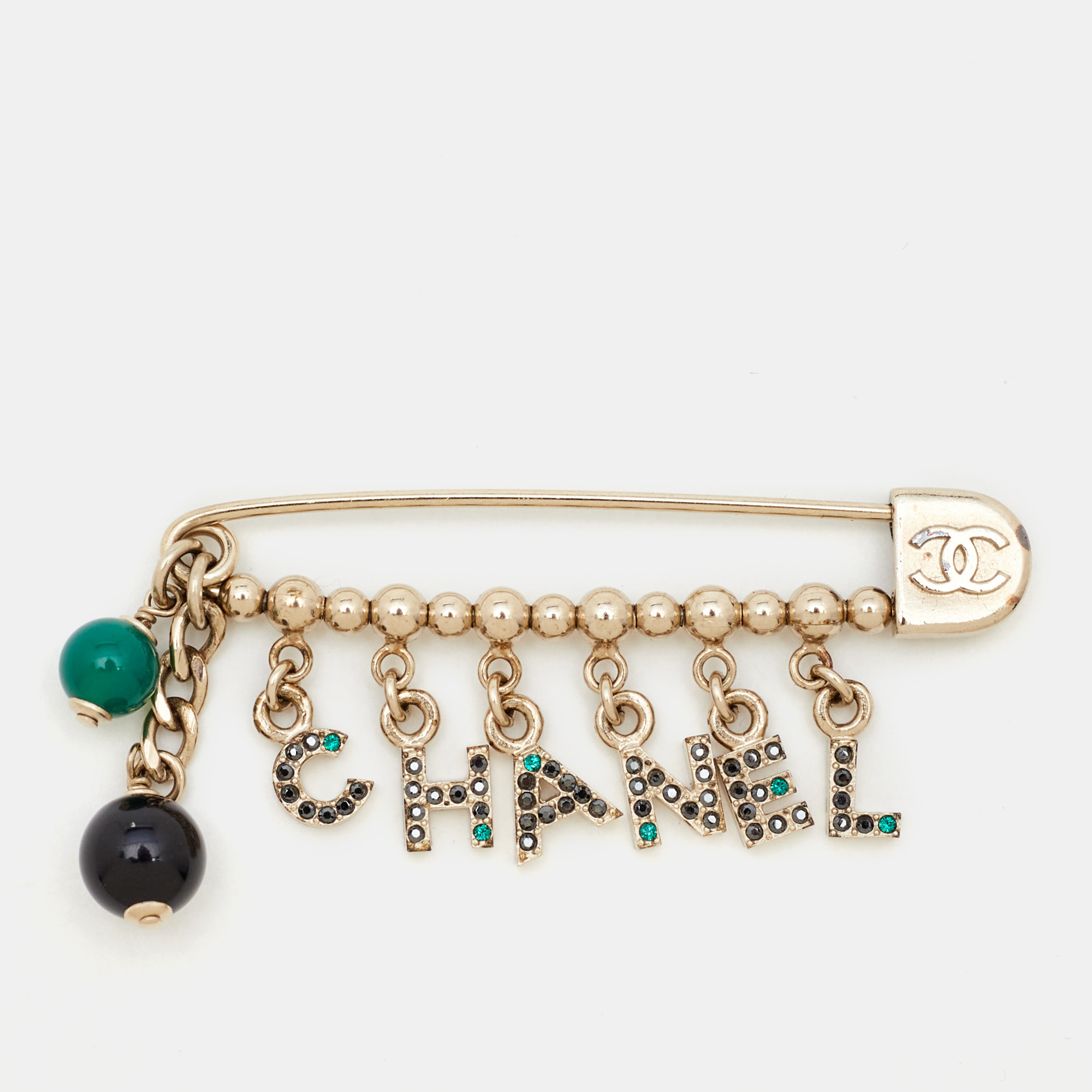 

Chanel Logo Multicolor Crystal Safety Pin Brooch