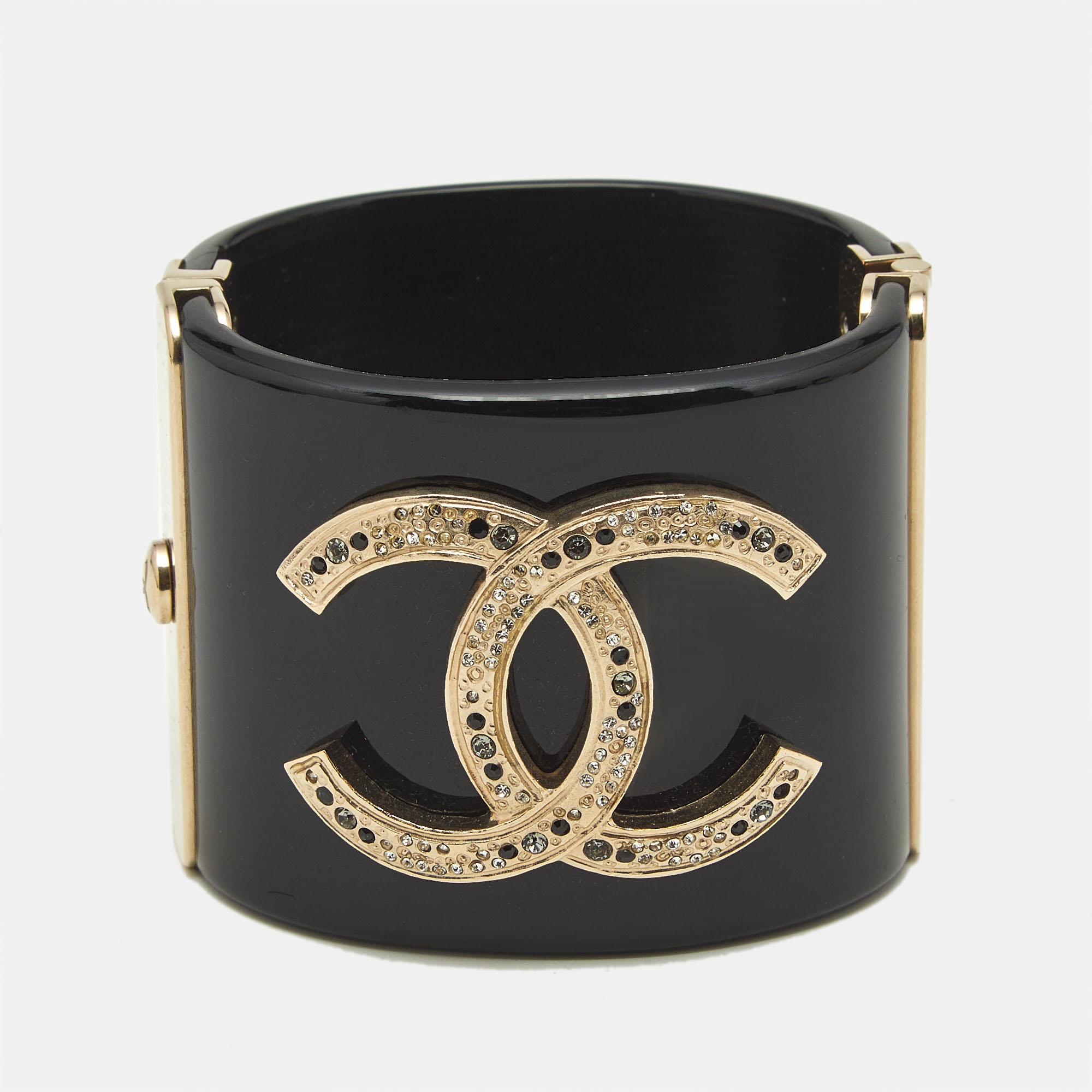 

Chanel CC Resin Crystal Studded Gold Tone Wide Cuff Bracelet