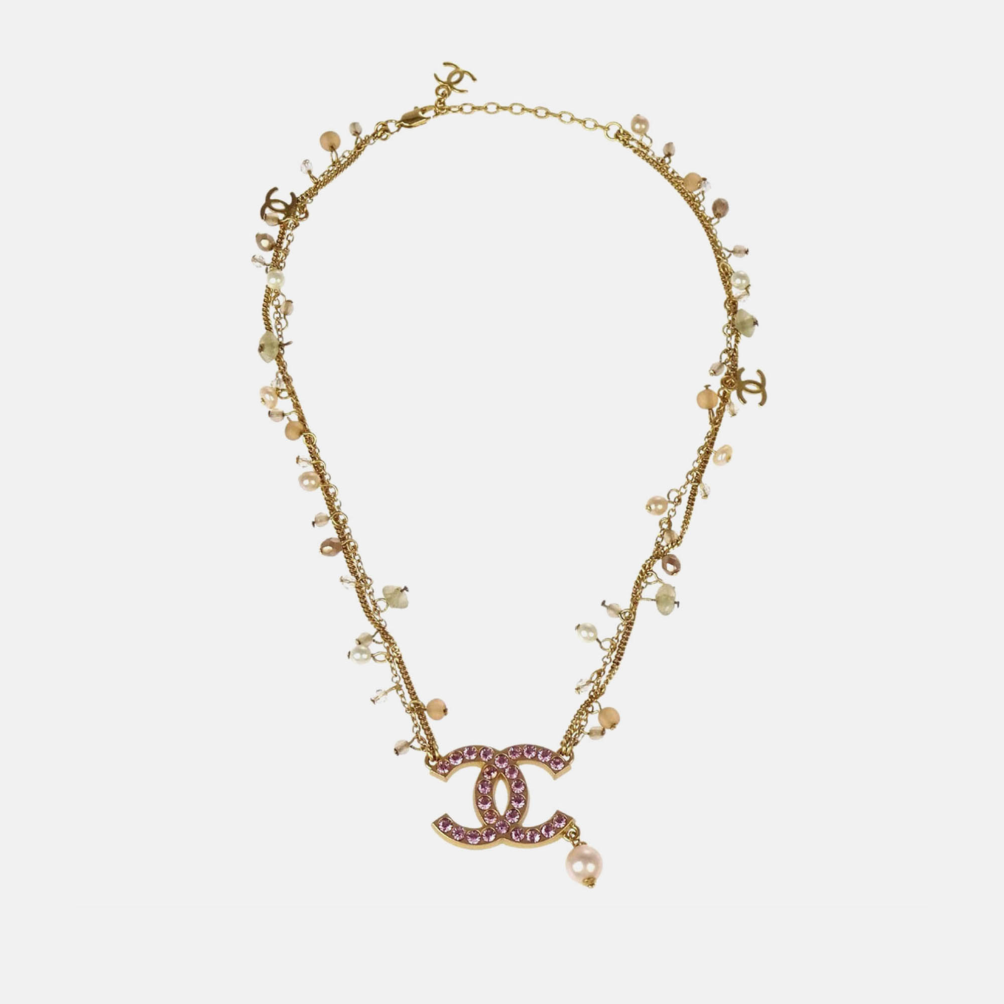 

Chanel CC Rhinestone Artificial Pearl Gold Chain Pendant Necklace