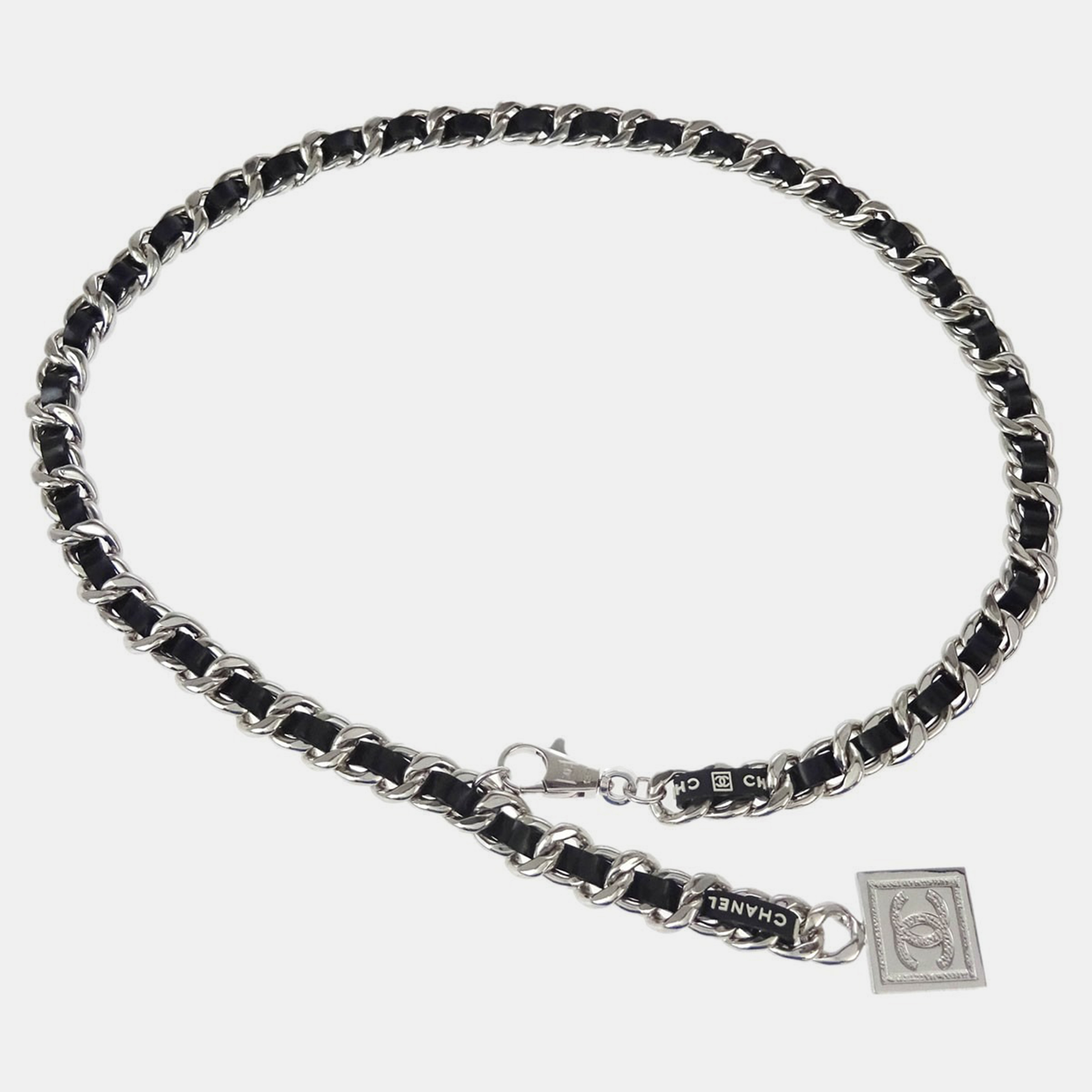 Pre-owned Chanel Silver Black Chain Belt Sport Line Square Charm Small