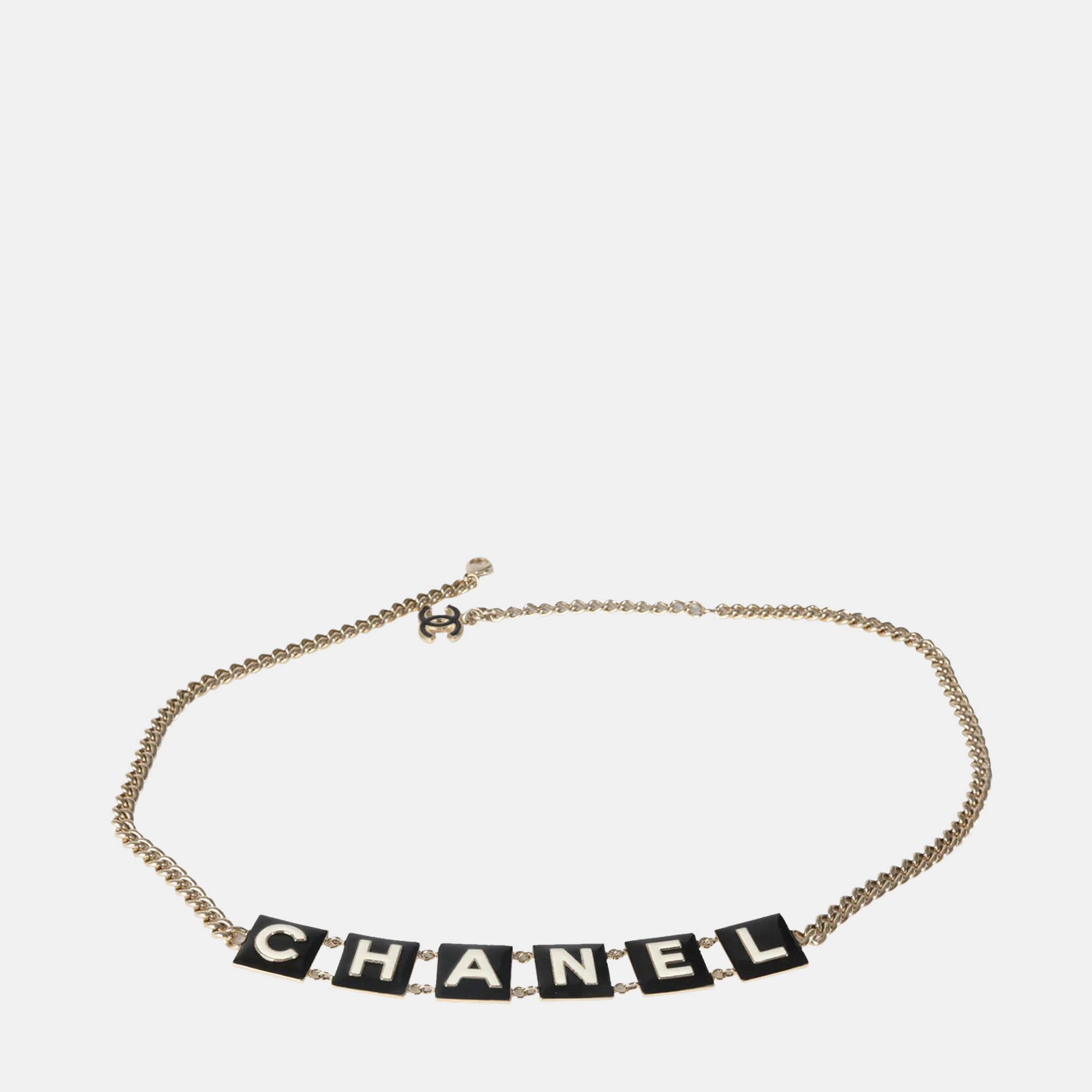 Pre-owned Chanel 2022 Black & White Enamel Gold Plated Logo Belt