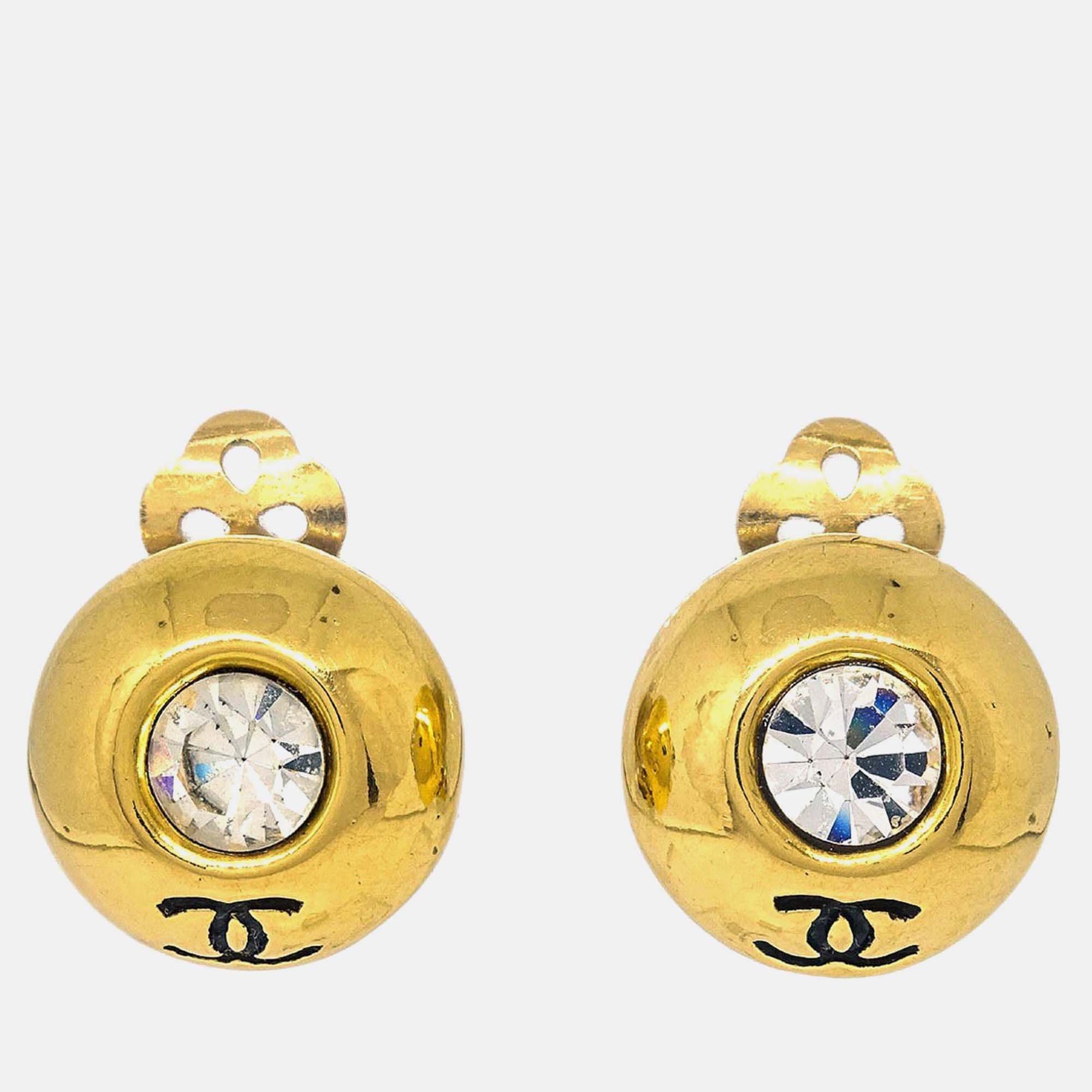 

Chanel Clip-On Rhinestone Gold Button Earrings