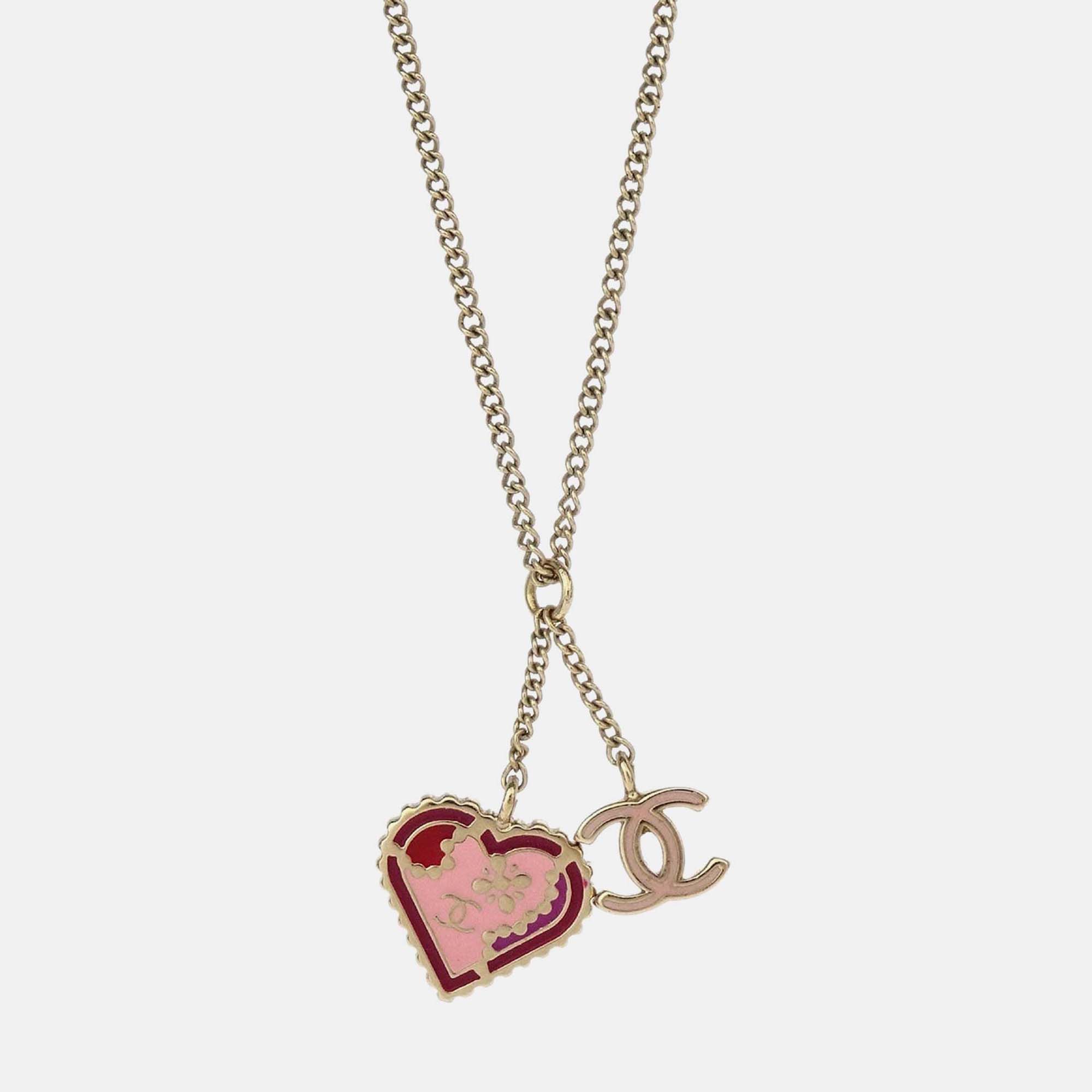 Chanel Gold Plated Metal Heart Chain Pendant Necklace