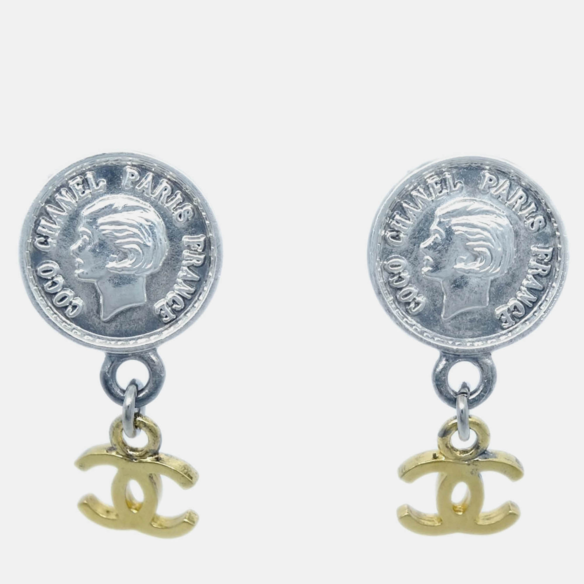 Chanel Dangle Gold Silver Plated Metal Clip-On Earrings