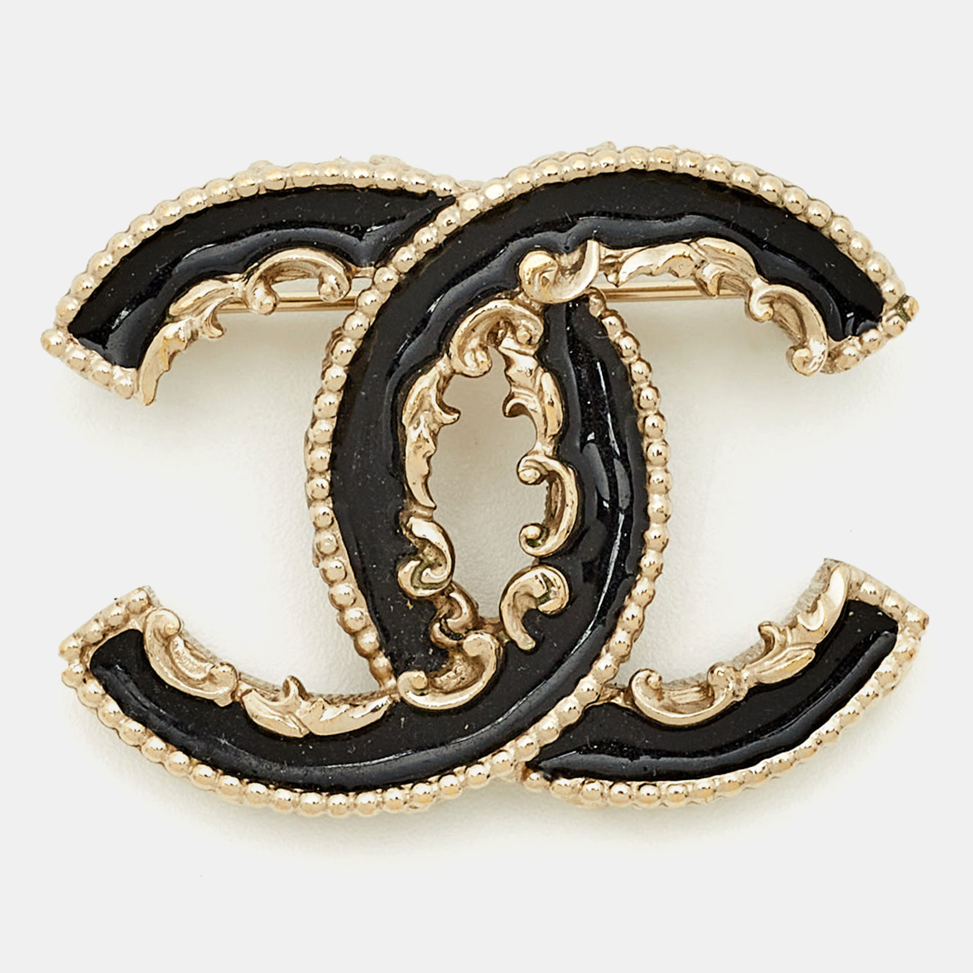 

Chanel CC Black Enamel Baroque Gold Tone Pin Brooch