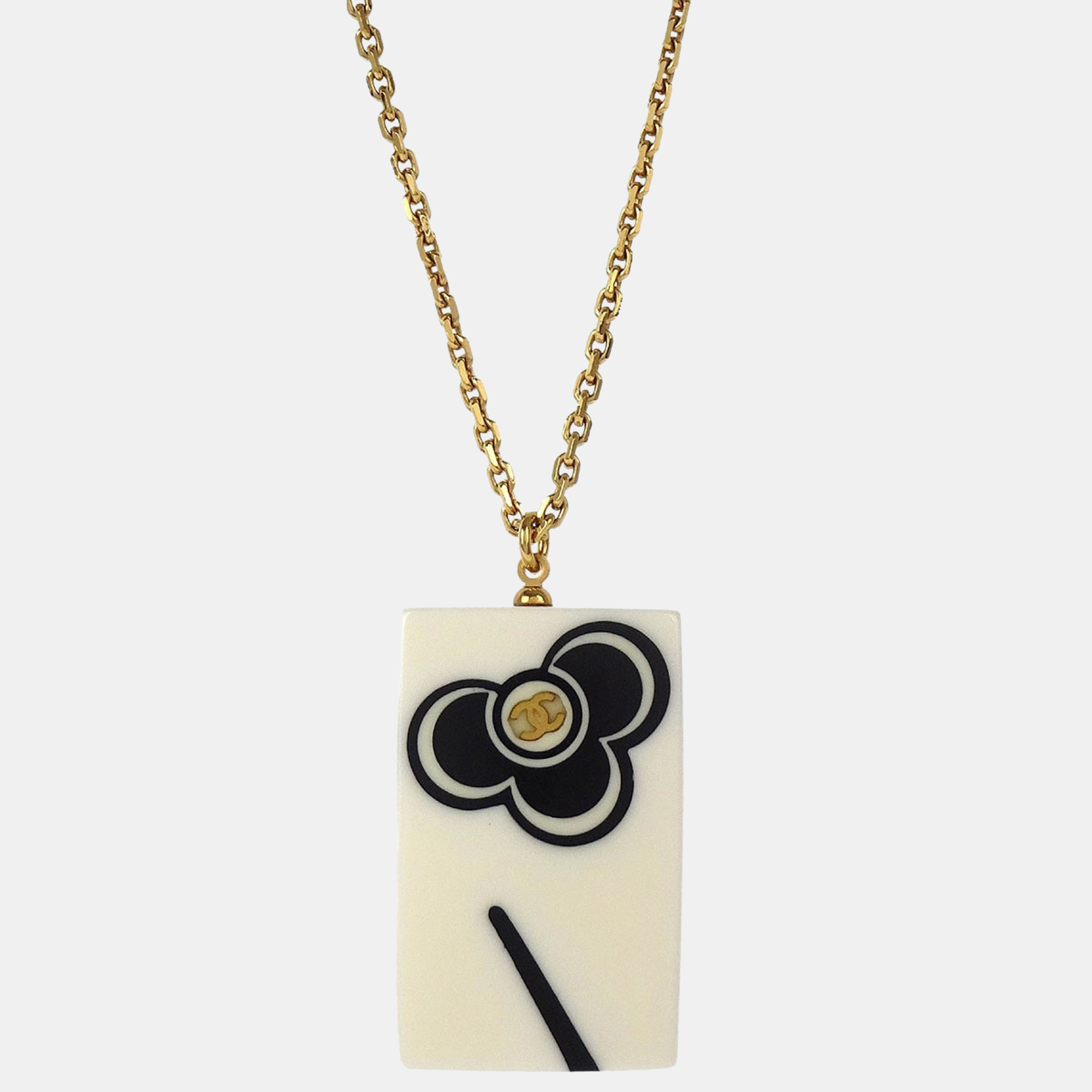 Pre-owned Chanel Rectangle Chain Necklace Pendant Gold White