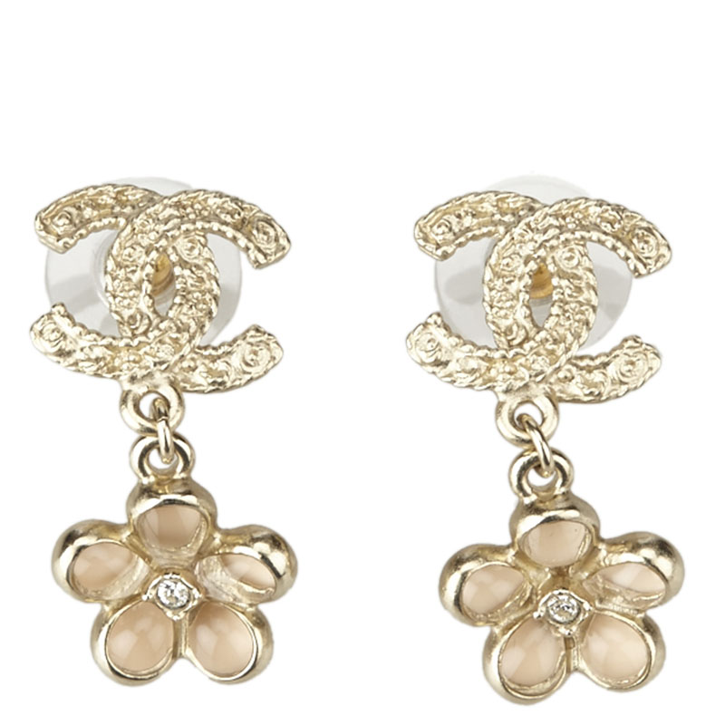 Chanel CC Camellia Pink Flower Gold Tone Drop Earrings Chanel | TLC
