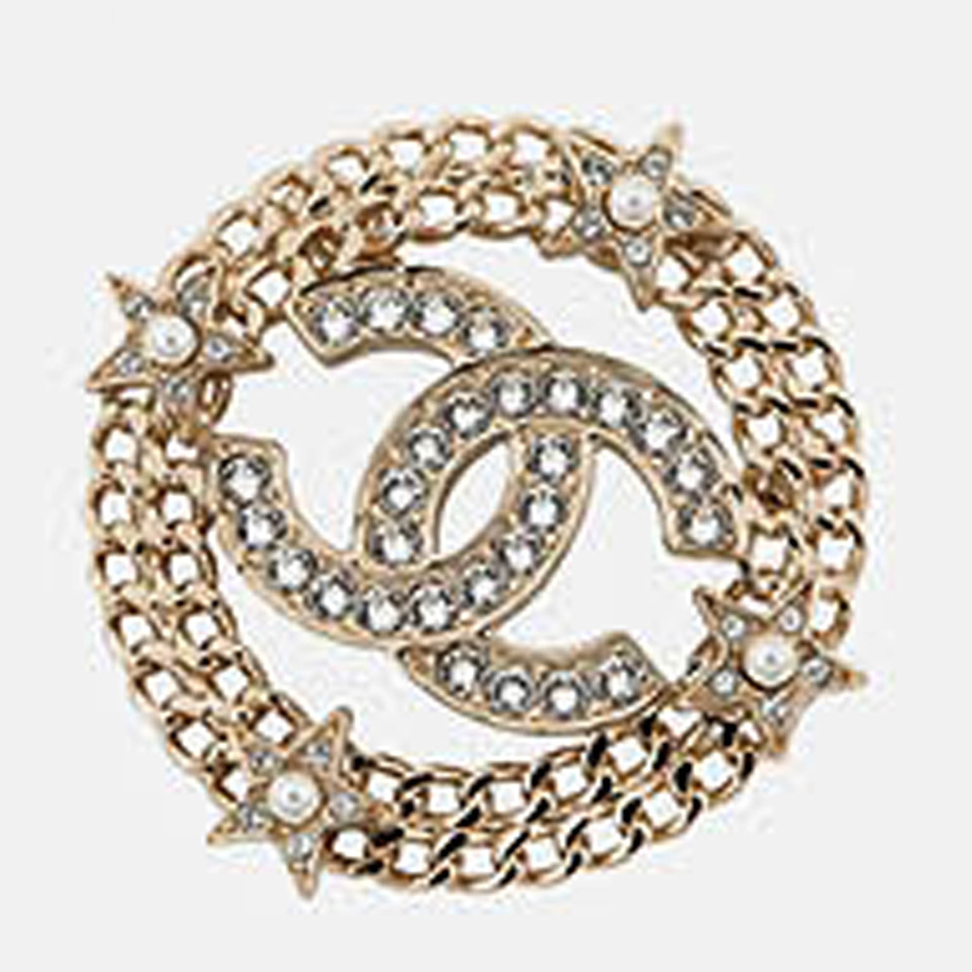 Chanel Cc Logo Round Star Brooch Champagne Gold Gold Plated Rhinestone Faux Pearl