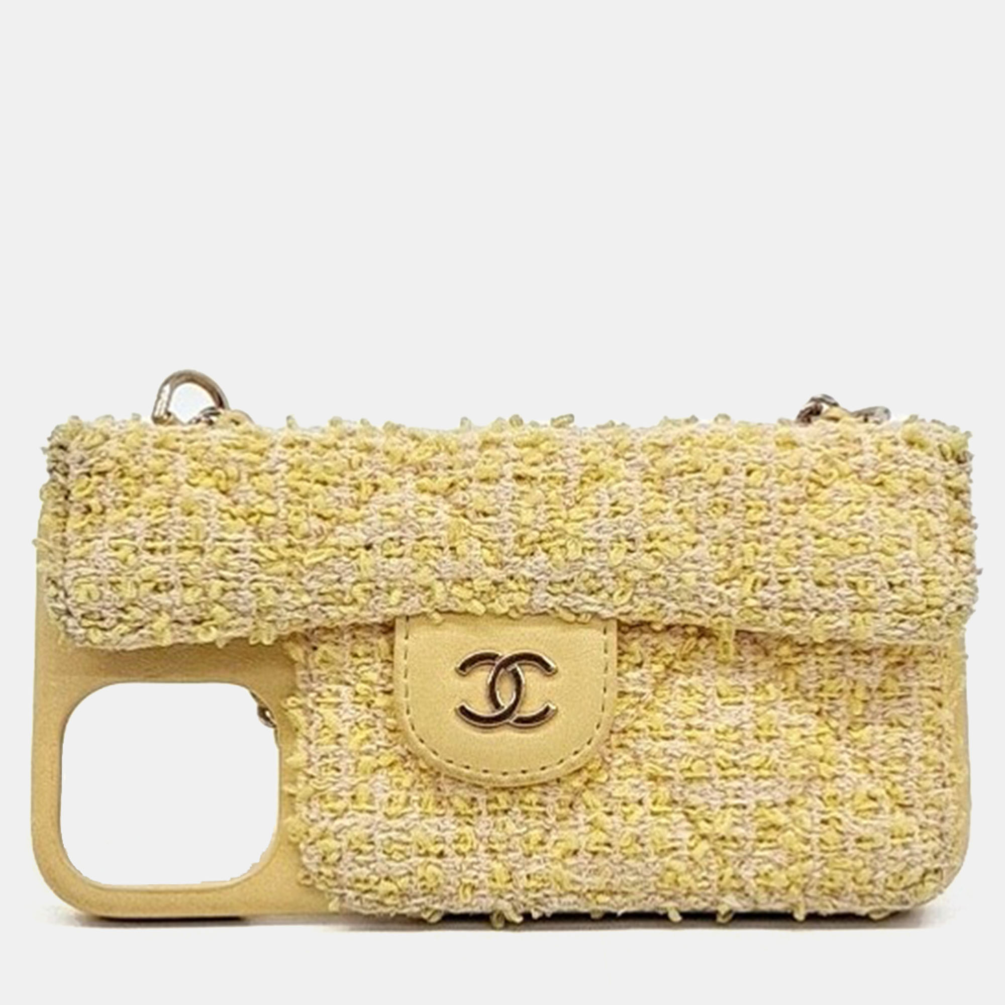 Pre-owned Chanel Tweed Chain Phone Case In Yellow