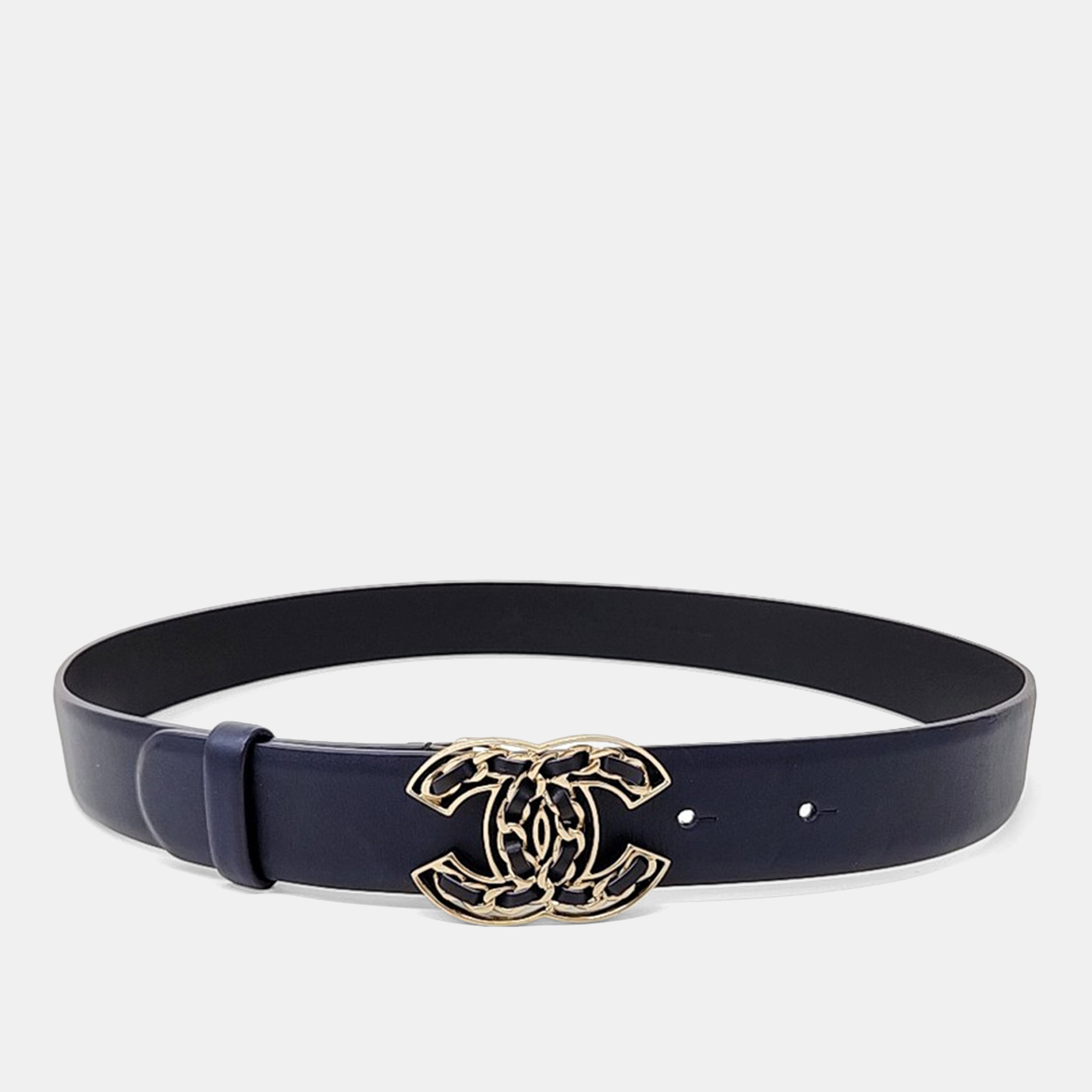Pre-owned Chanel Navy Leather Logo Belt In Blue