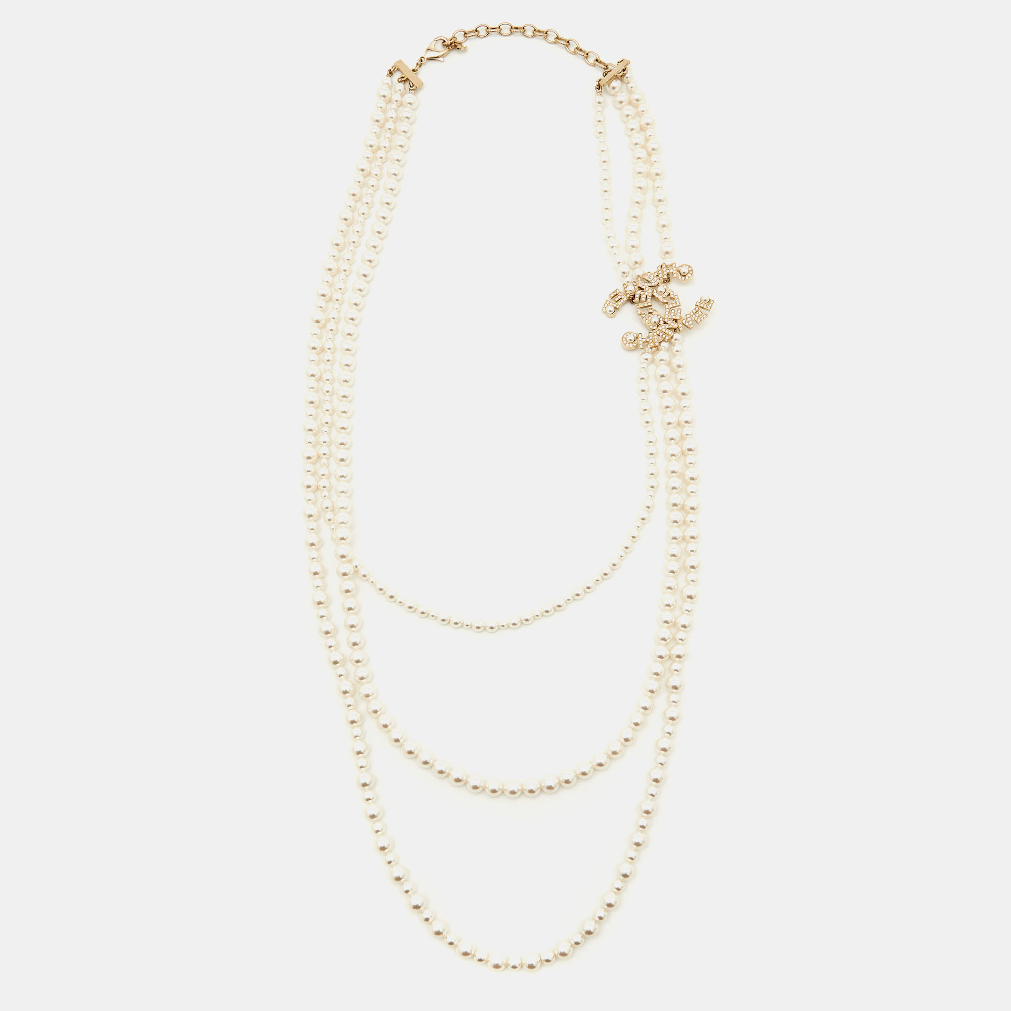 Pre-owned Chanel Cc Faux Pearl Crystals Gold Tone Multistrand Necklace In White