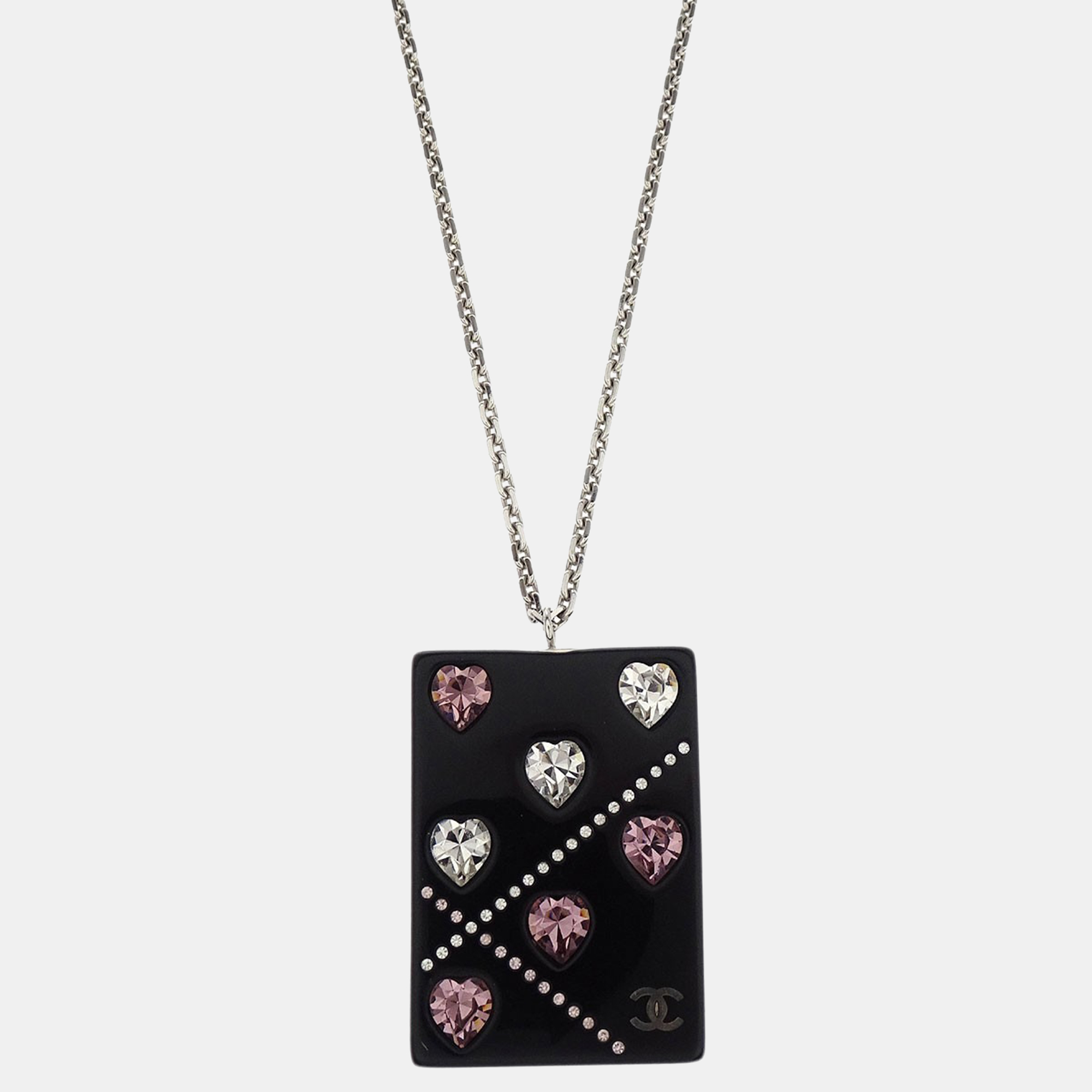 Pre-owned Chanel Silver Acrylic Rectangle Pendant Necklace Rhinestone