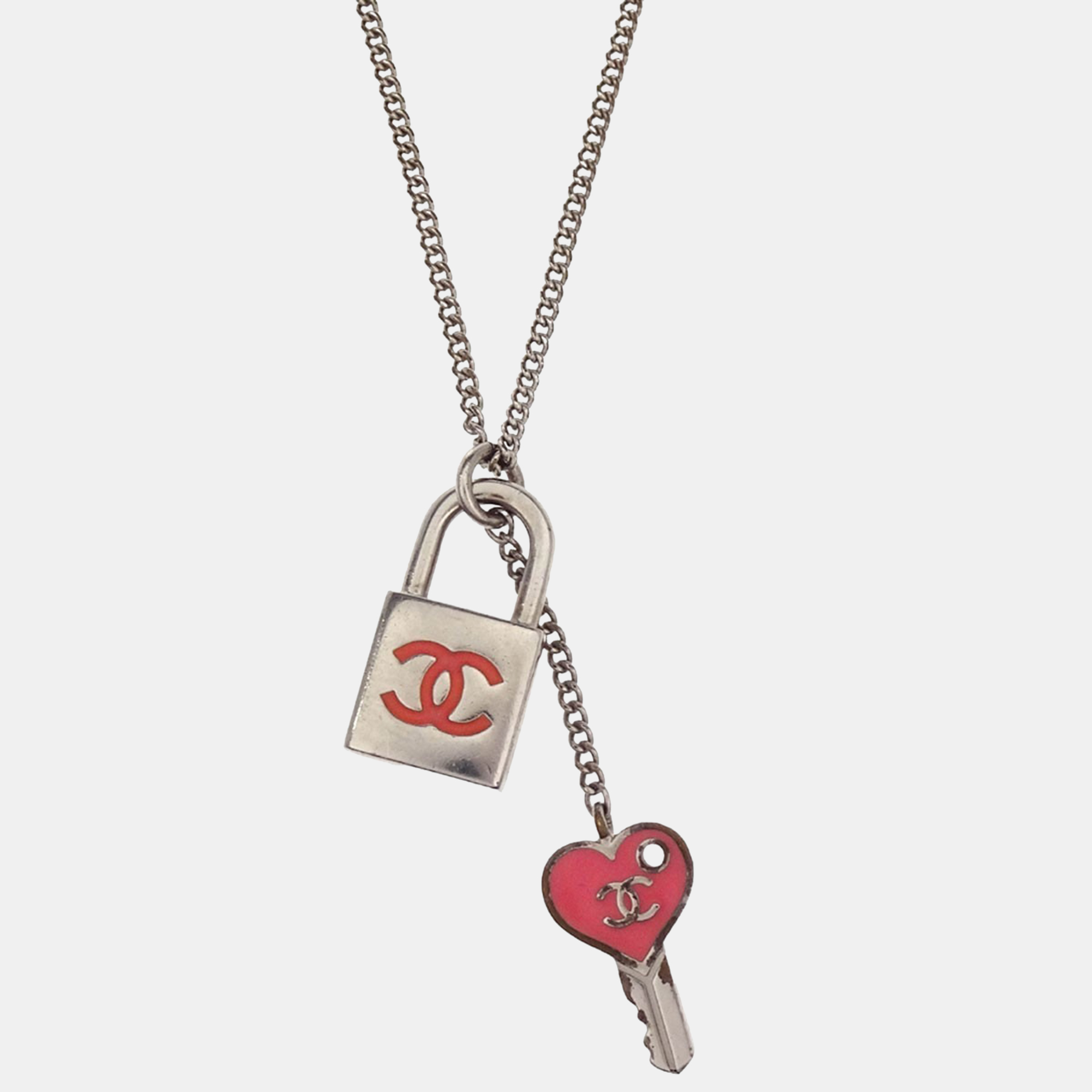 Pre-owned Chanel Padlock Key Pendant Necklace Silver Pink