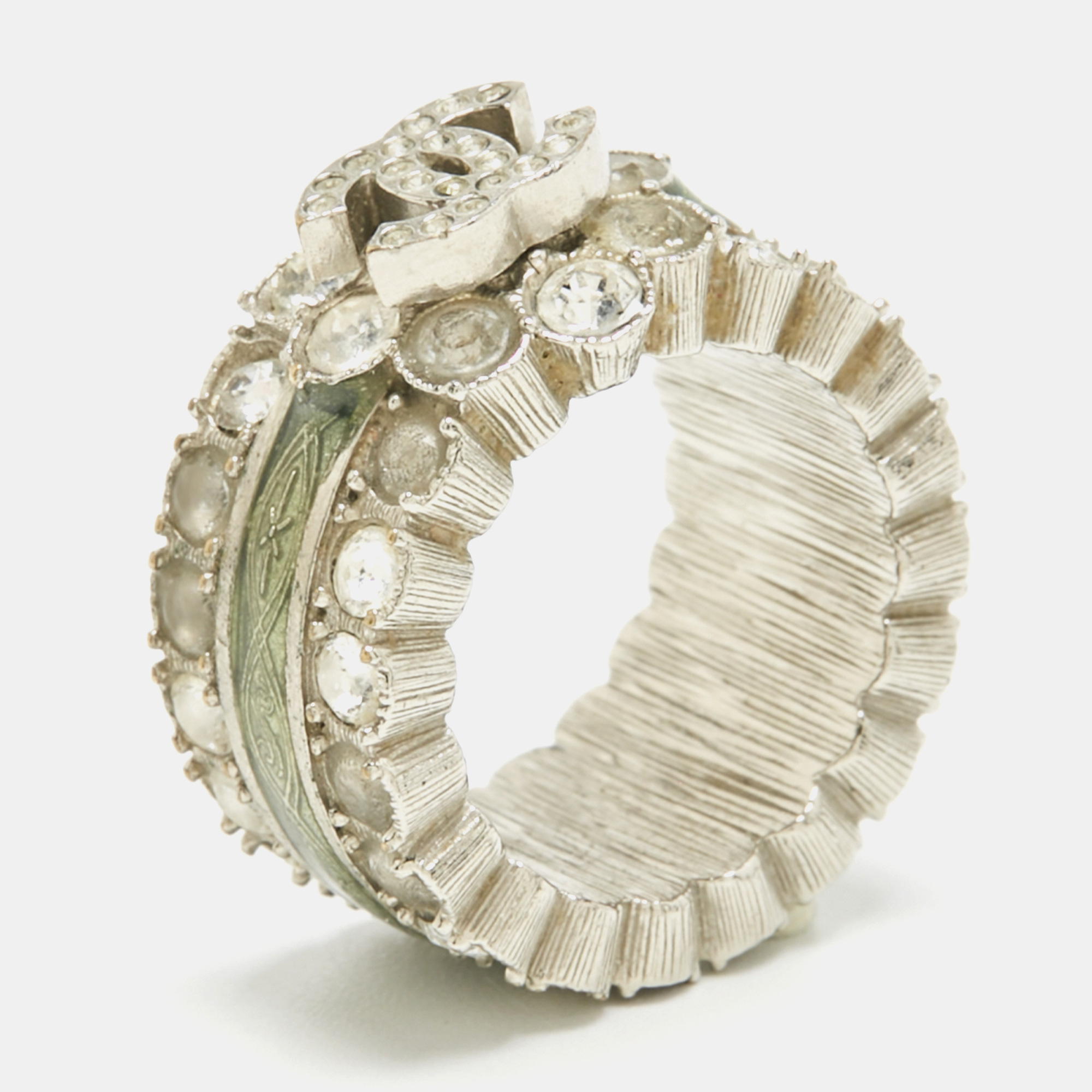 

Chanel CC Enamel Crystals Silver Tone Ring Size