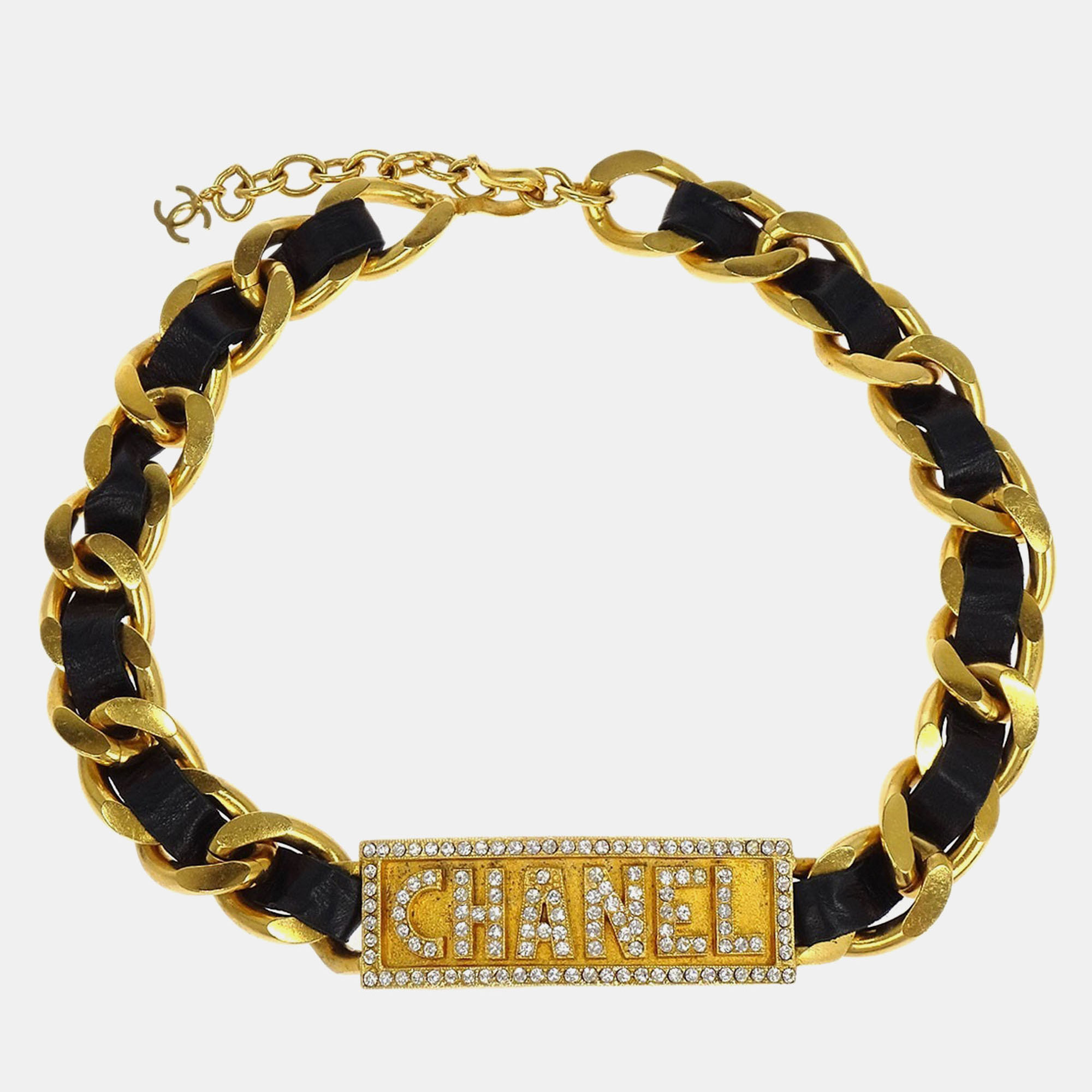 

Chanel Gold Black Leather Rhinestone Choker Necklace