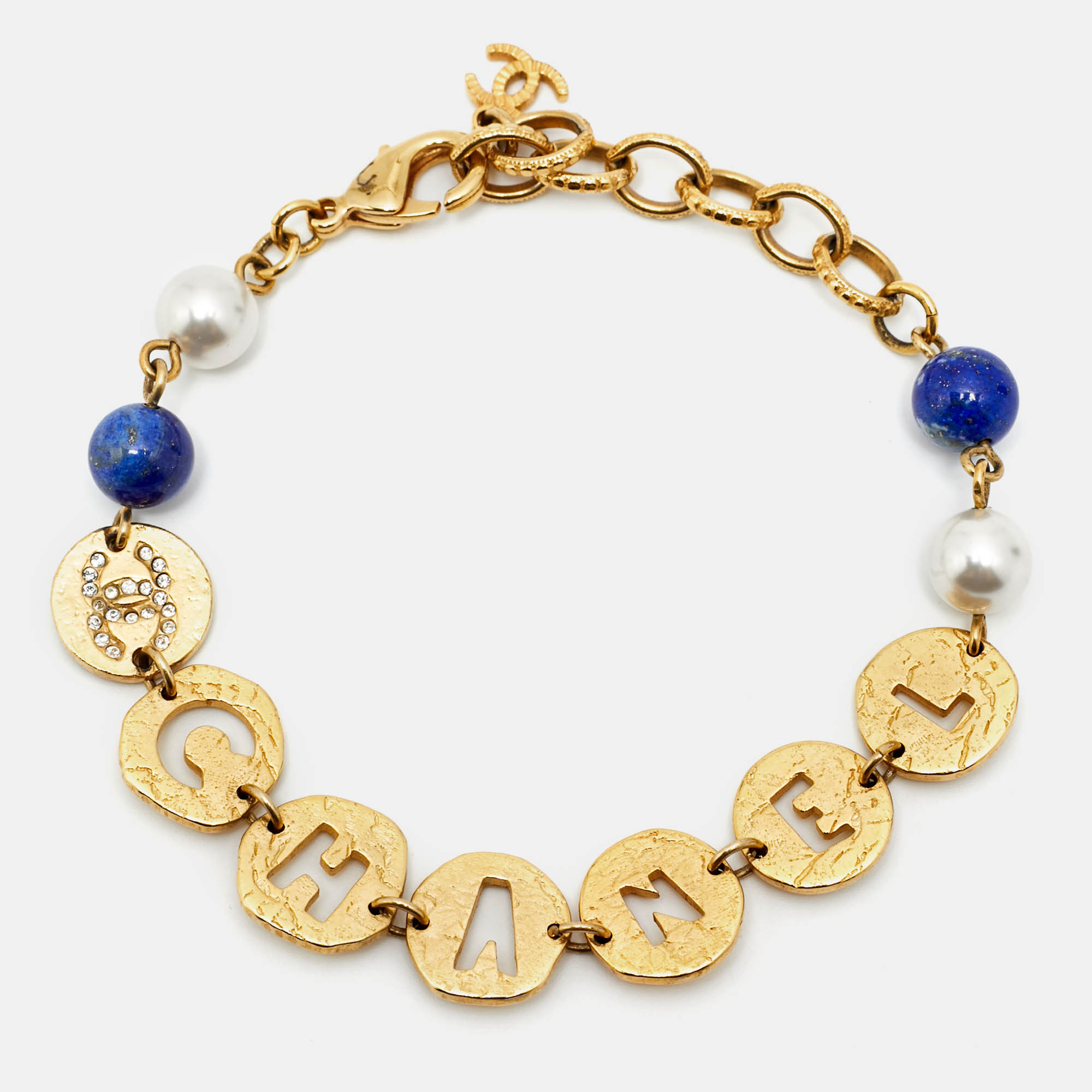 Pre-owned Chanel Cc Crystals Faux Pearl Beads Gold Tone Cutwork Logo Charm Beaded Bracelet