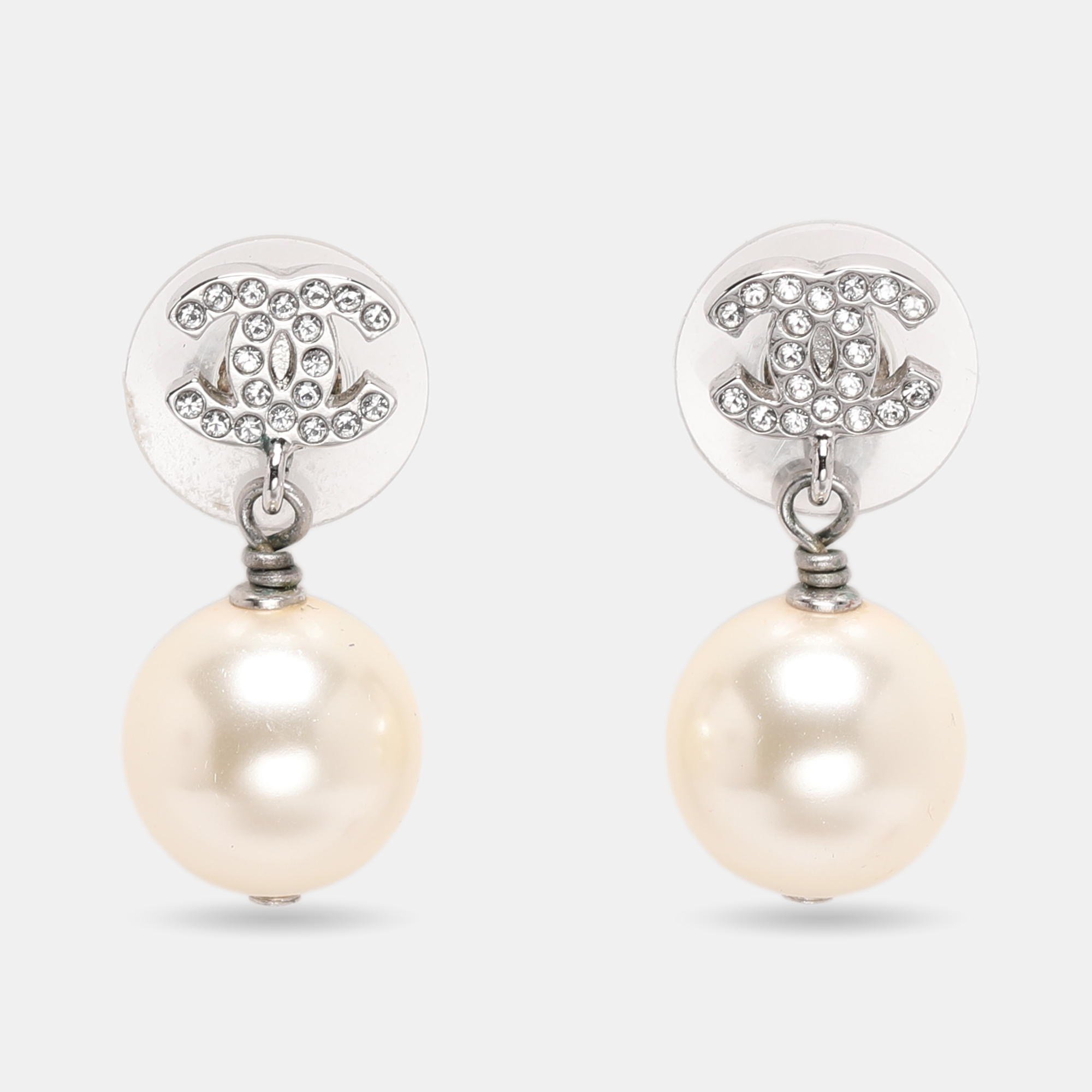 

Chanel Silver Tone Faux Pearl & Crystal CC Drop Earrings