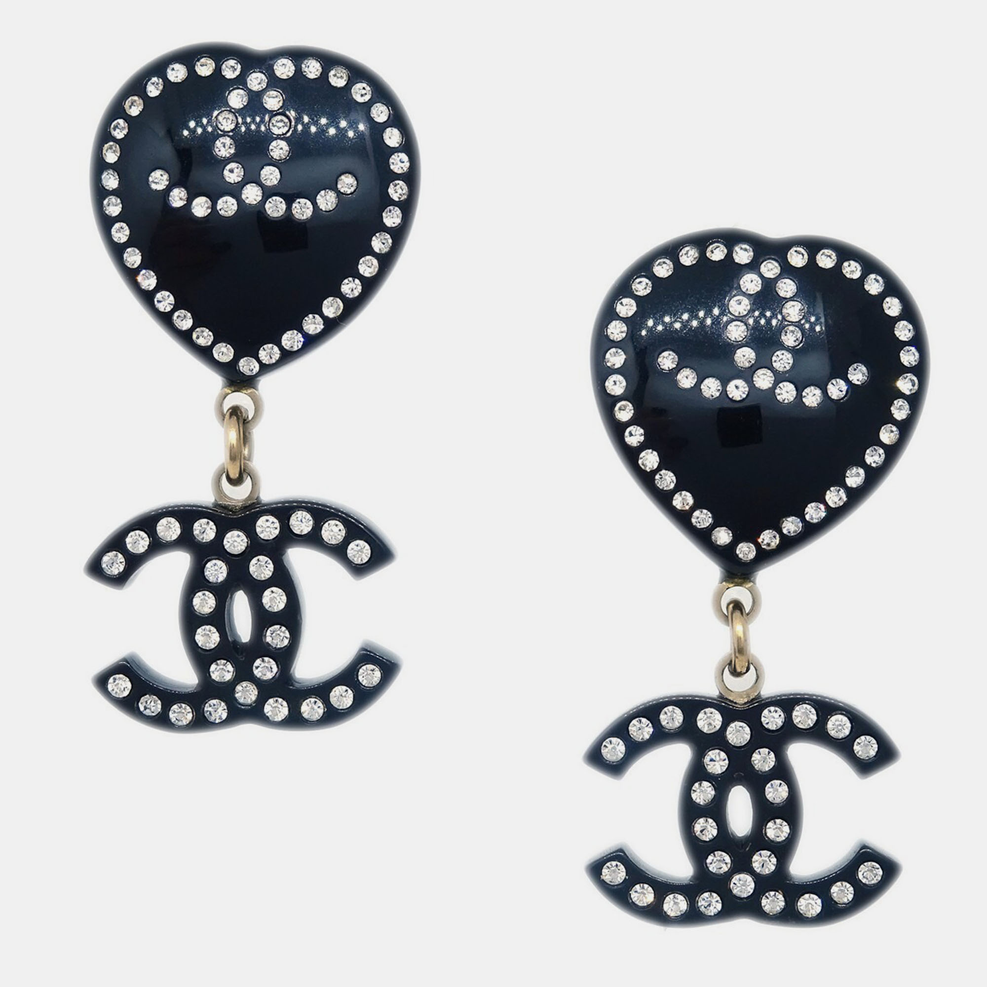

Chanel Gold Plated Rhinestone CC Heart Dangle Earrings Clip-On Black 09C