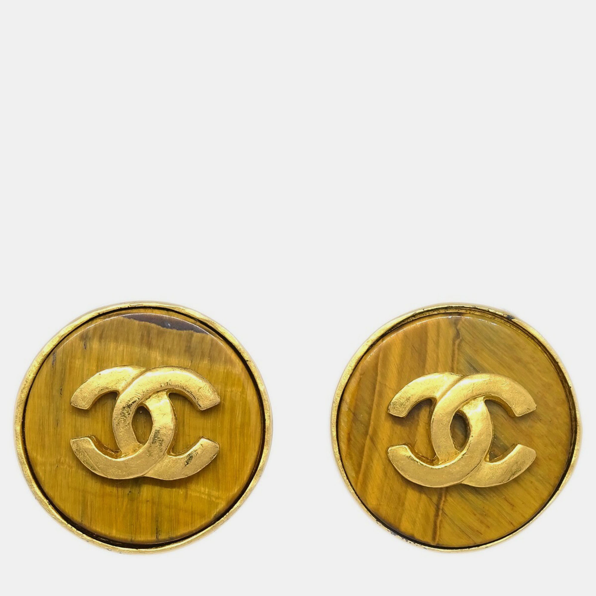 

Chanel Button Acrylic Earrings Clip-On Brown Gold 95A