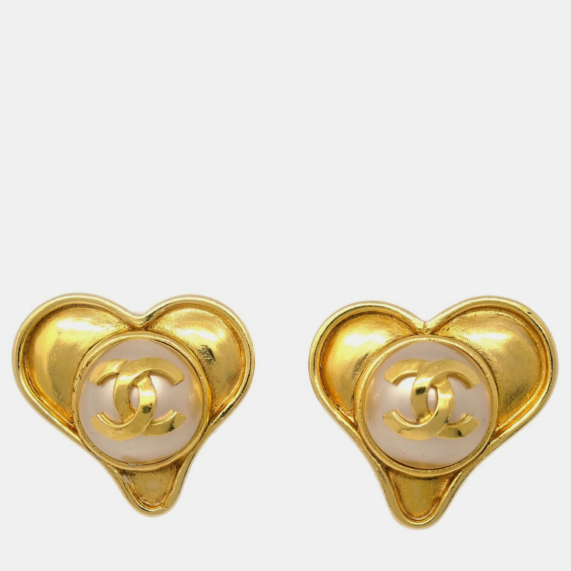 

Chanel Gold Heart Earrings Clip-On Artificial Pearl 95P