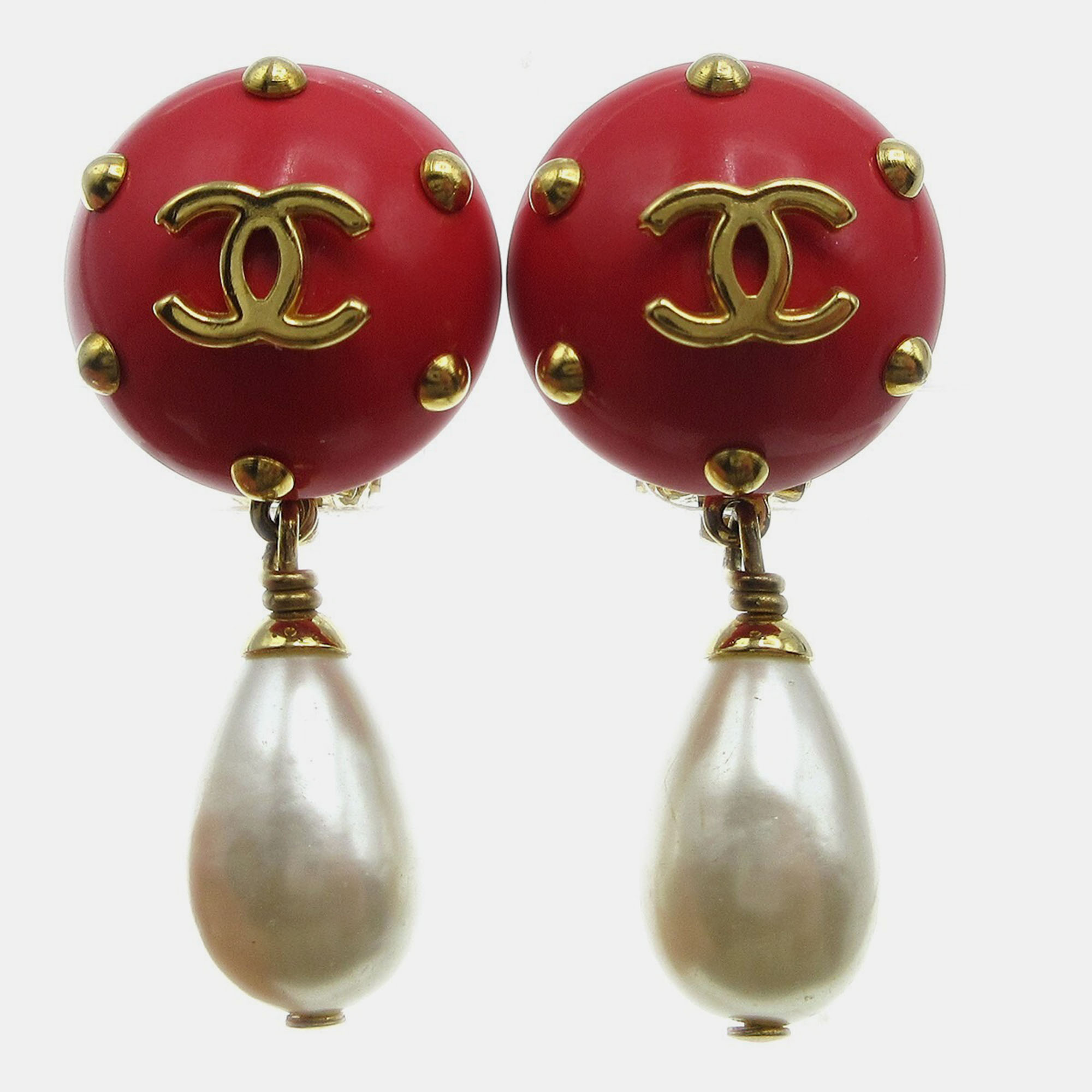 

Chanel Artificial Pearl Dangle Earrings Clip-On Red 96C
