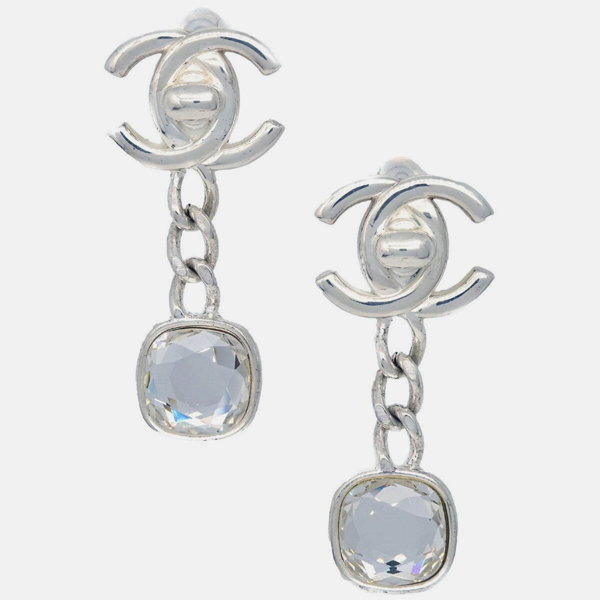 

Chanel Dangle Turnlock Earrings Clip-On Silver Rhinestone 97A