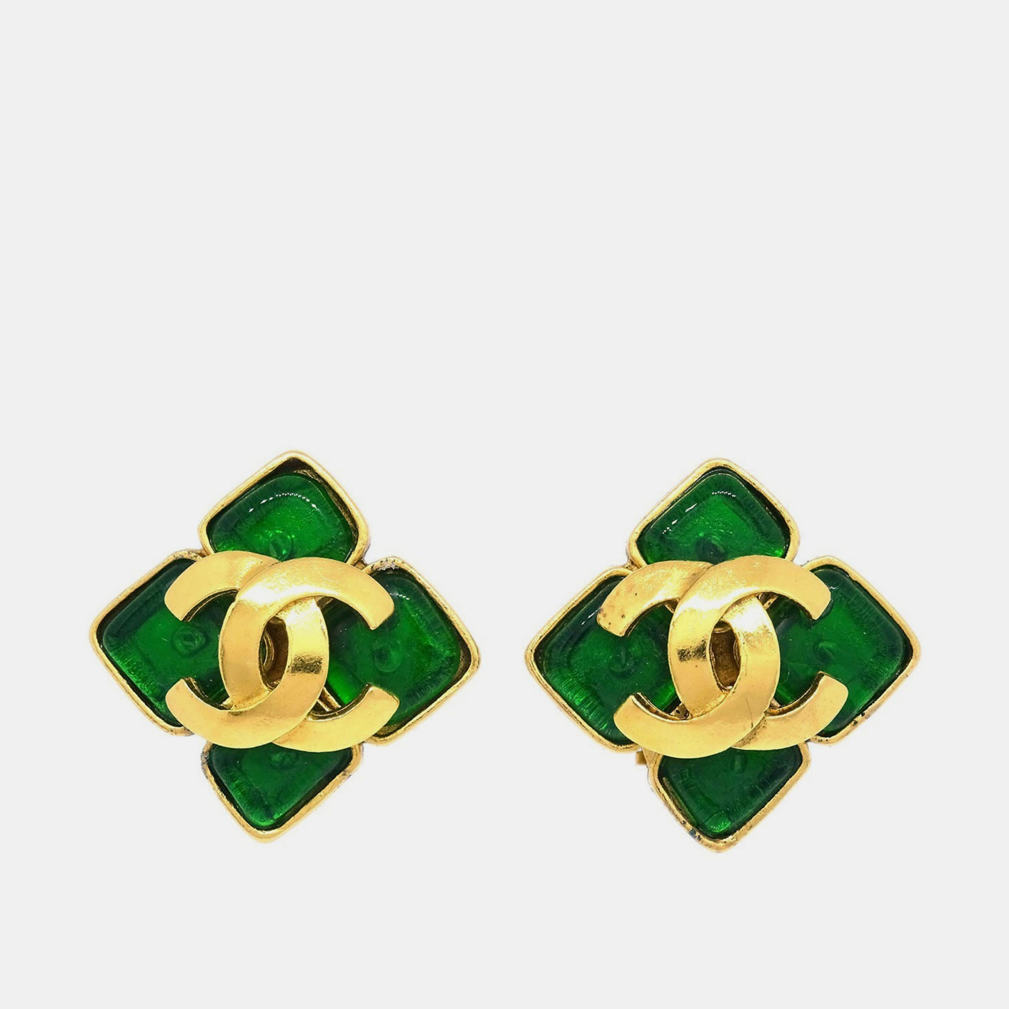 

Chanel Gripoix Rhombus Earrings Clip-On Gold Green 95P