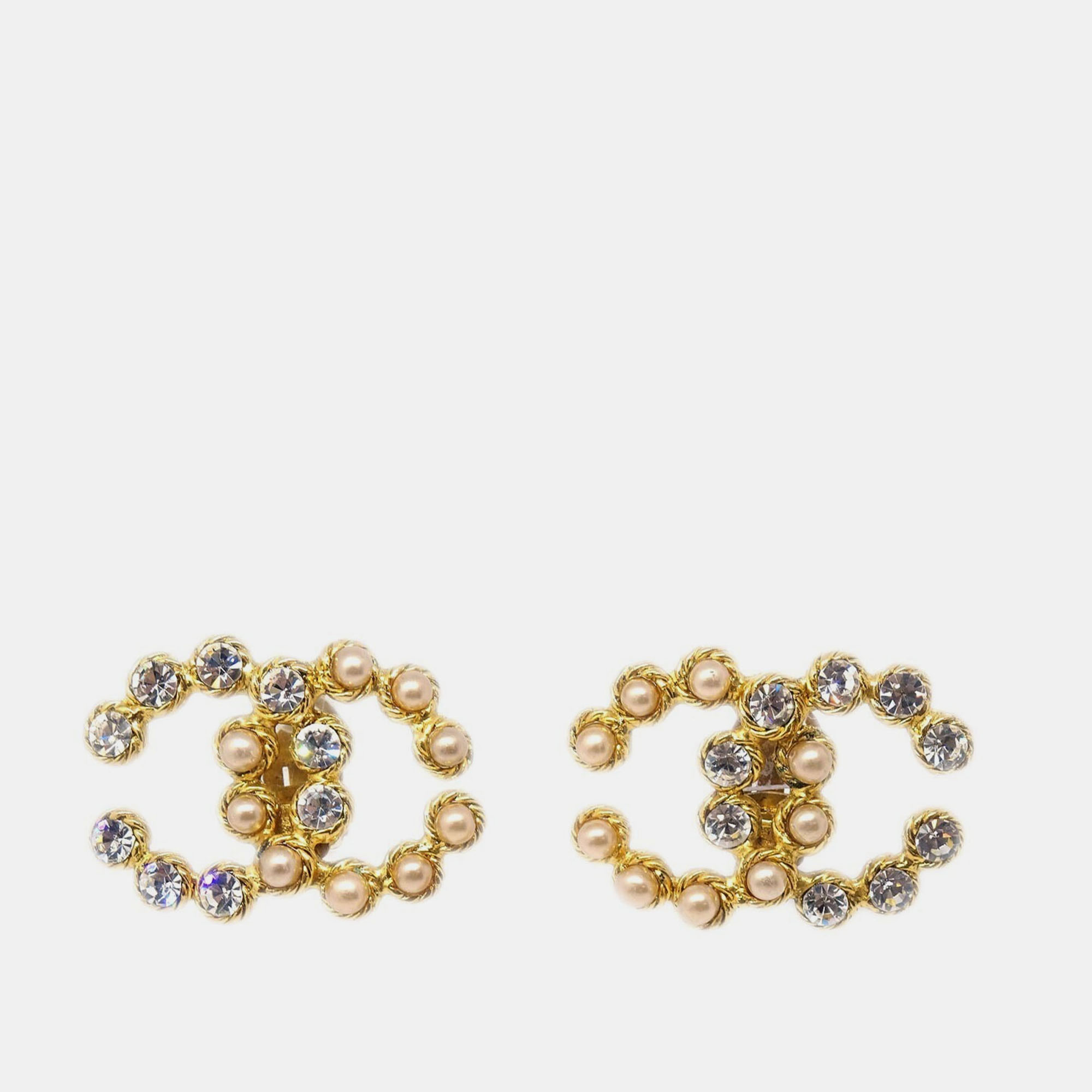 

Chanel Gold CC Earrings Clip-On Rhinestone Artificial Pearl 28