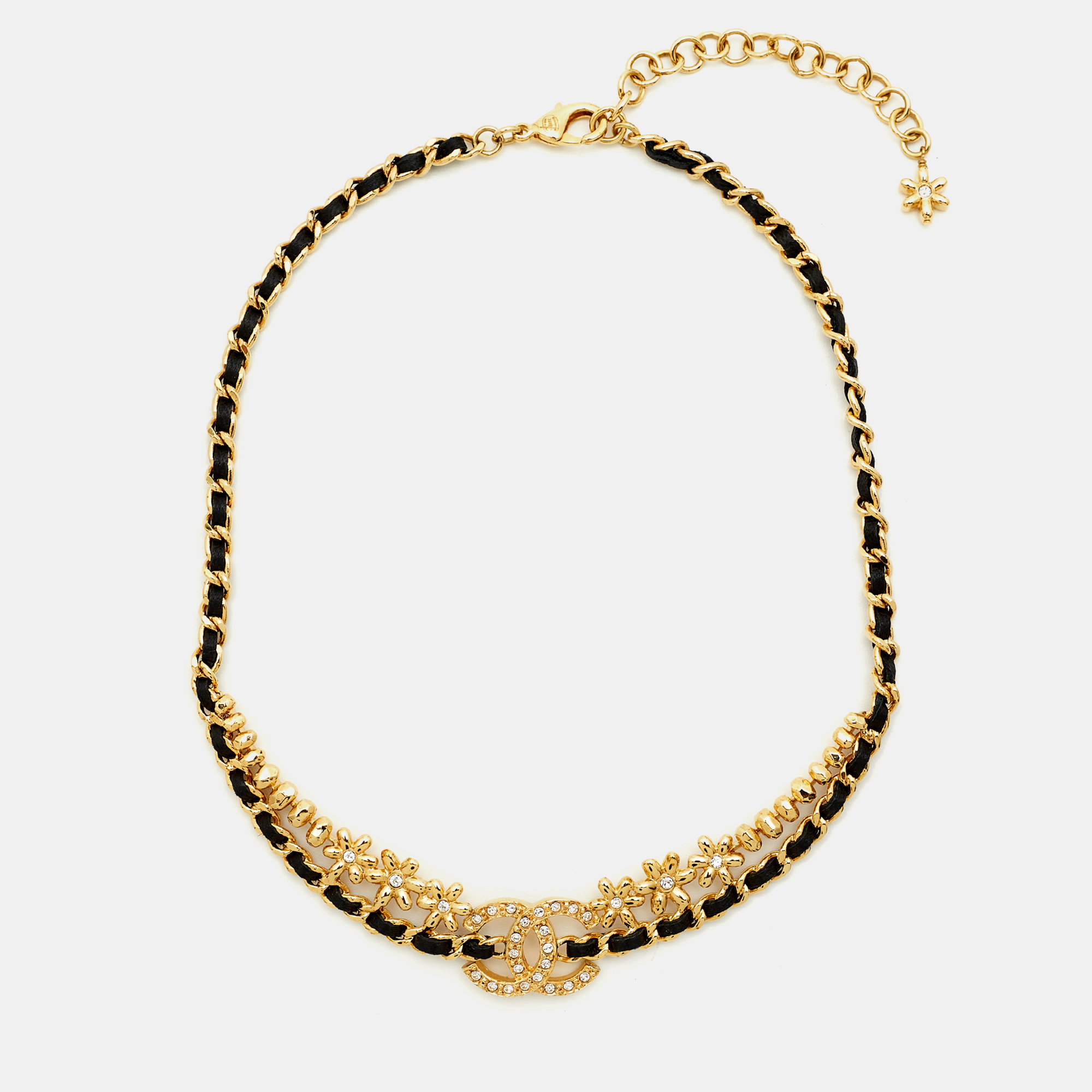 

Chanel CC Crystals Leather Gold Tone Necklace