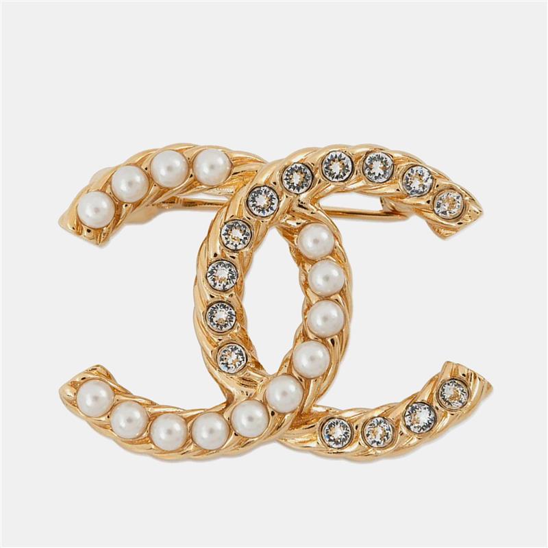 

Chanel Cc Logo Brooch Gold Metal Rhinestone Faux Pearl