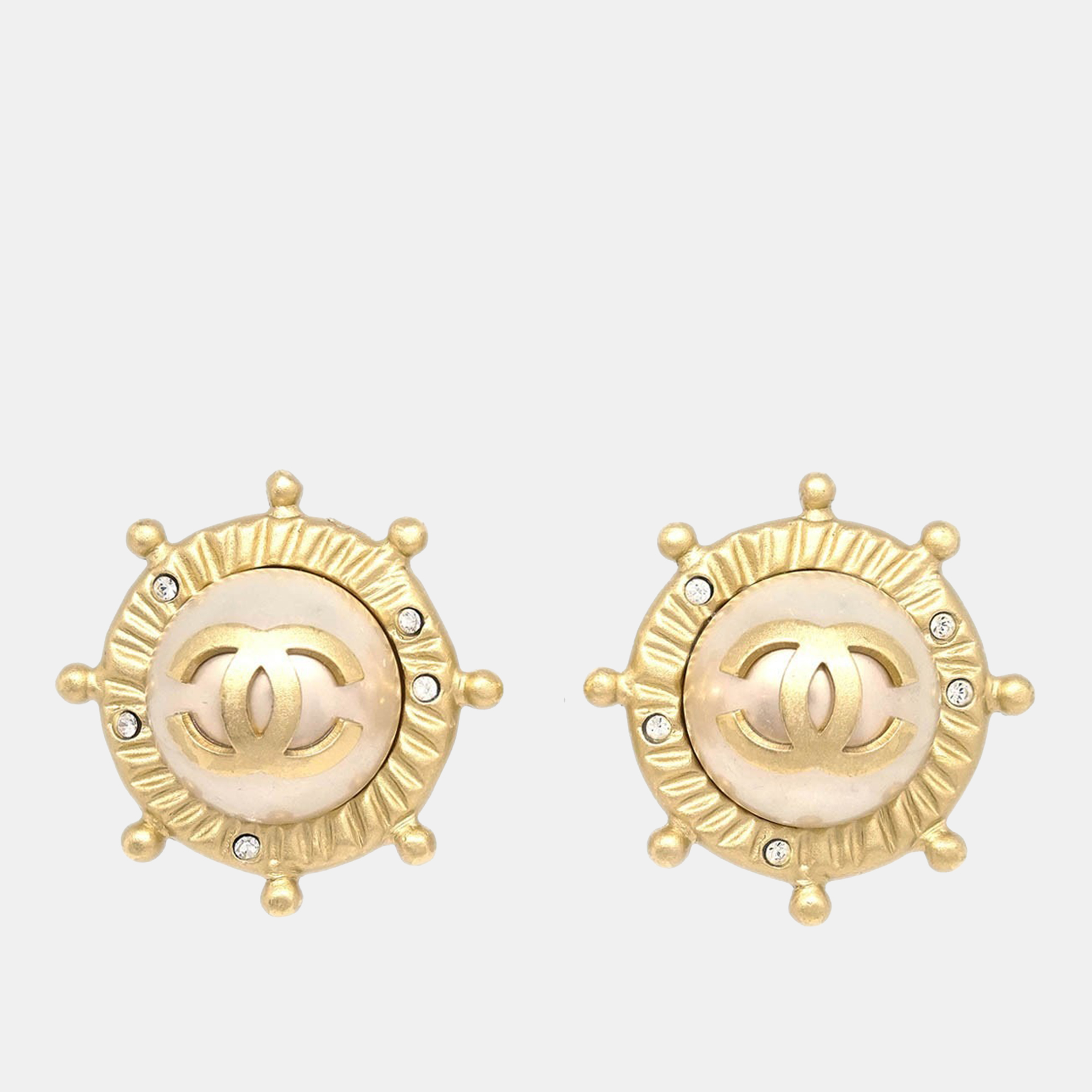 

Chanel Gold Button Earrings Clip-On Rhinestone Artificial Pearl