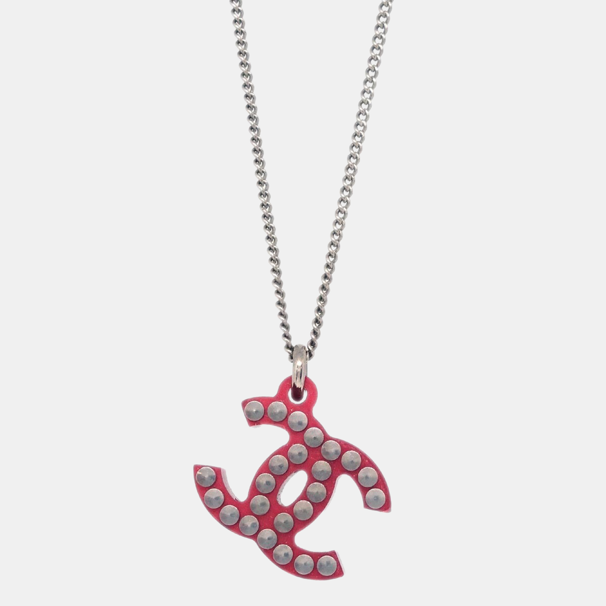 Pre-owned Chanel Cc Chain Pendant Necklace Acrylic Silver Red